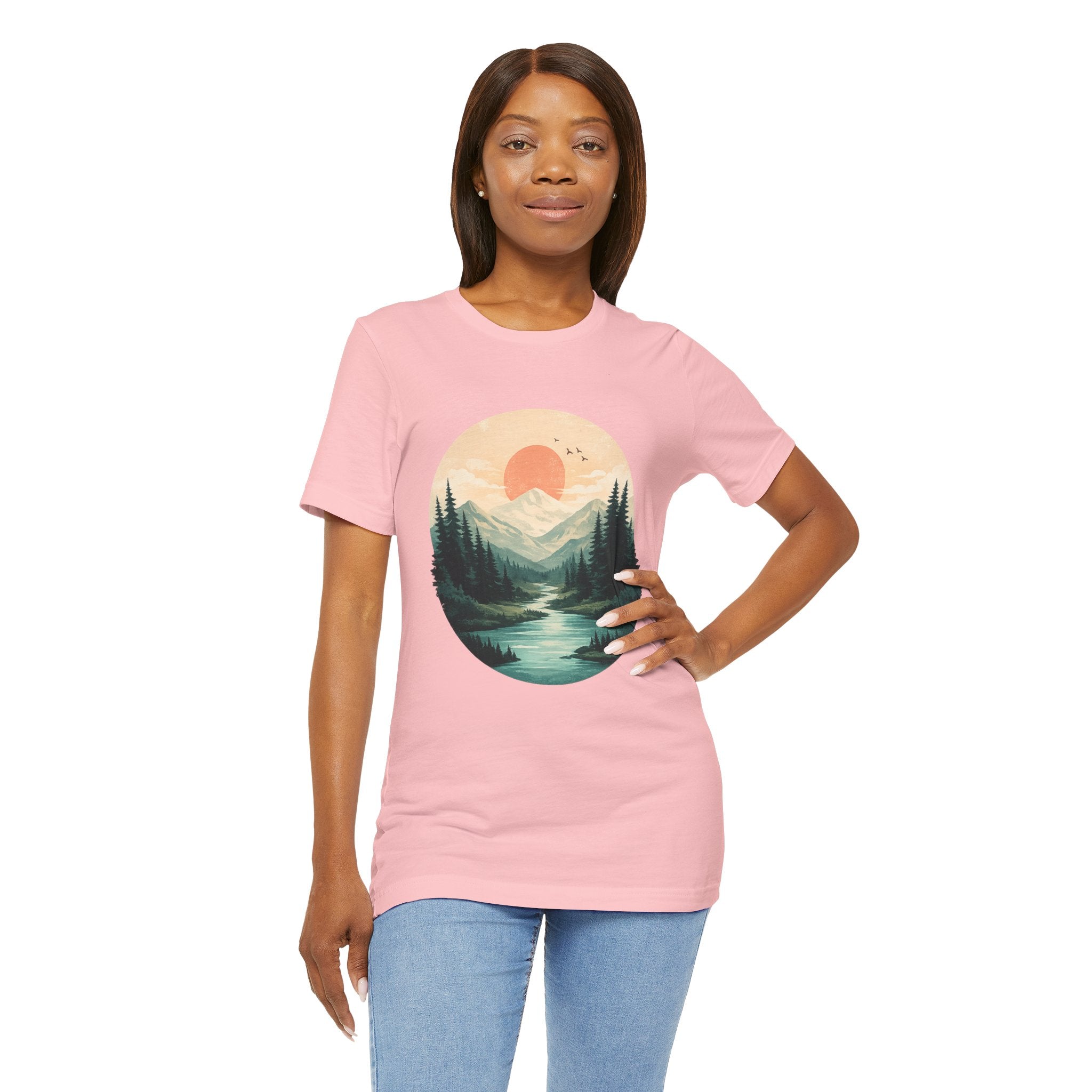 Sunset Mountain Landscape T-Shirt — Scenic Forest River Graphic Tee
