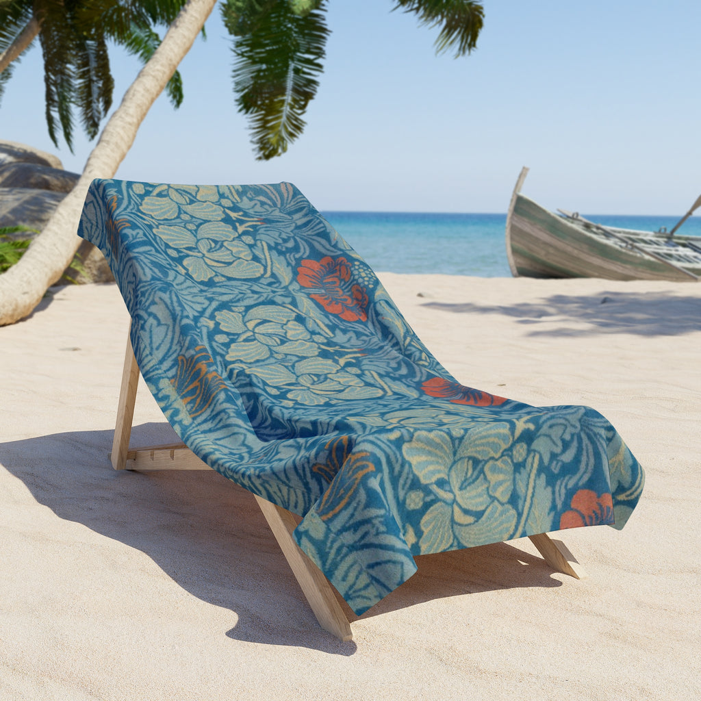 Vintage Floral Blue Beach Towel — William Morris Inspired Pattern