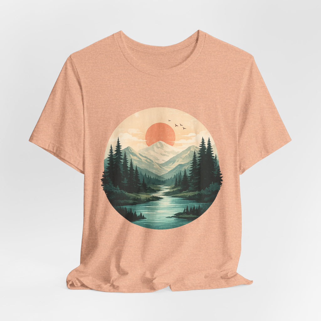 Sunset Mountain Landscape T-Shirt — Scenic Forest River Graphic Tee