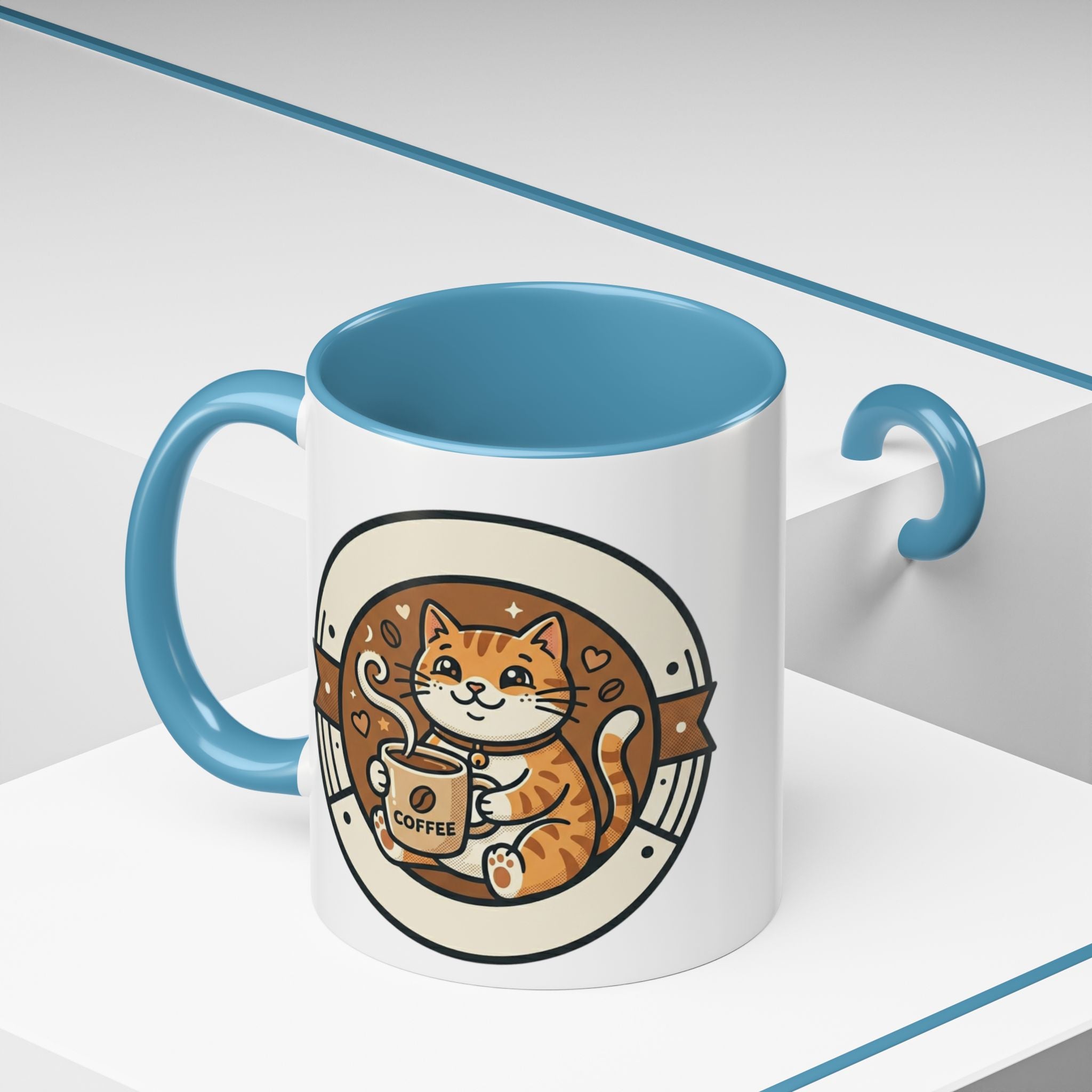 Cat Coffee Mug — Cute Orange Kitty Holding ‘Coffee’ Accent Ceramic Mug (11/15 oz)