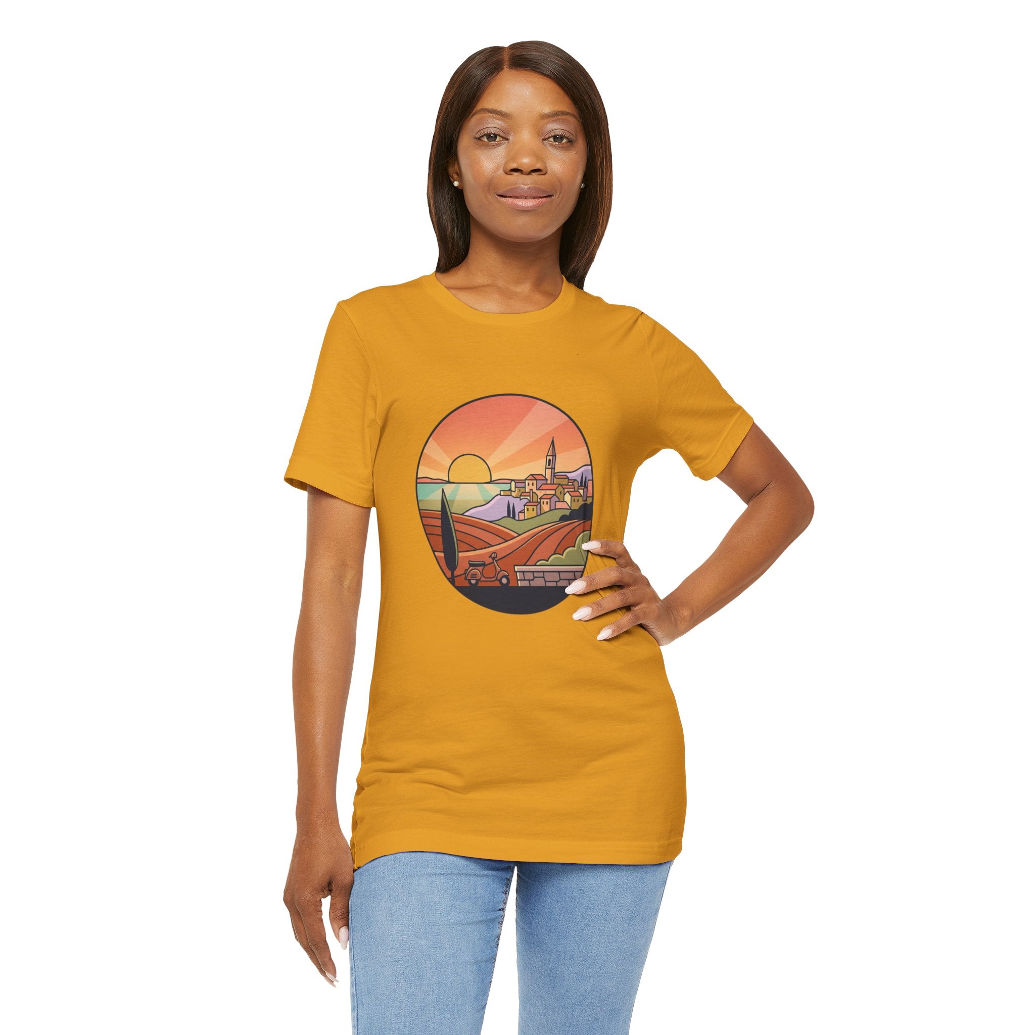 Sunset Tuscan Landscape T-Shirt — Vintage Italian Countryside Graphic Tee