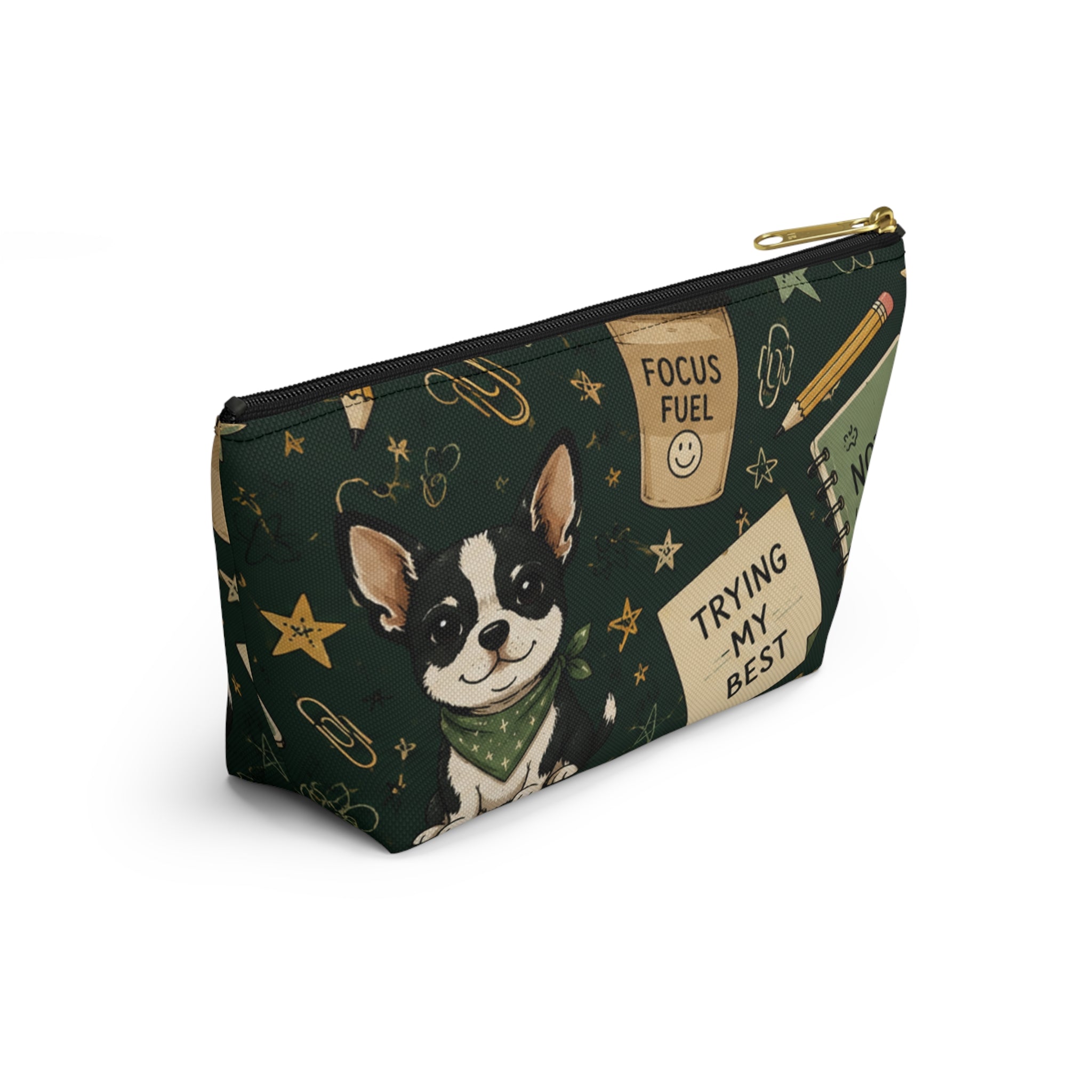 Dog Lover Notes Accessory Pouch — 'Trying My Best' T‑Bottom Makeup Bag