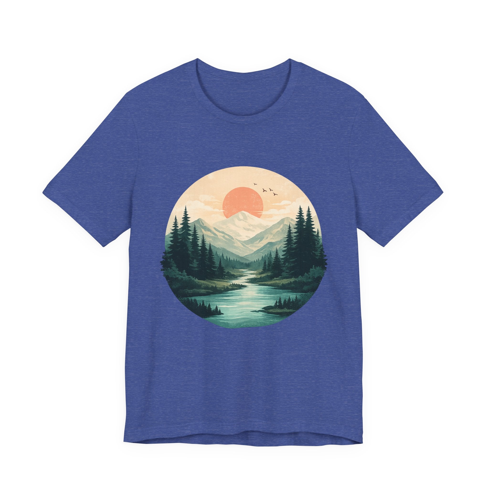 Sunset Mountain Landscape T-Shirt — Scenic Forest River Graphic Tee