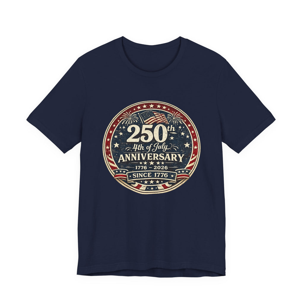 4th of July 250th Anniversary T-Shirt – Vintage American Flag Emblem (1776–2026)