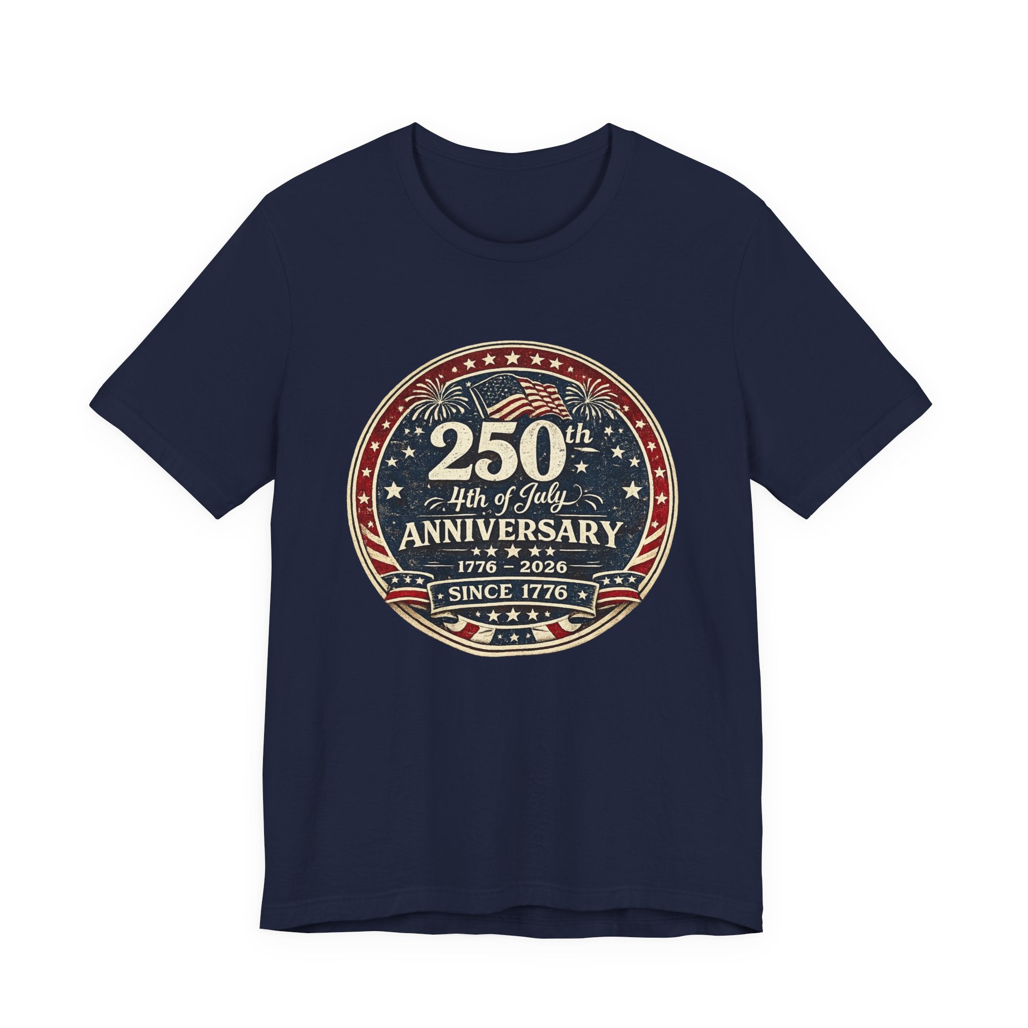 4th of July 250th Anniversary T-Shirt – Vintage American Flag Emblem (1776–2026)