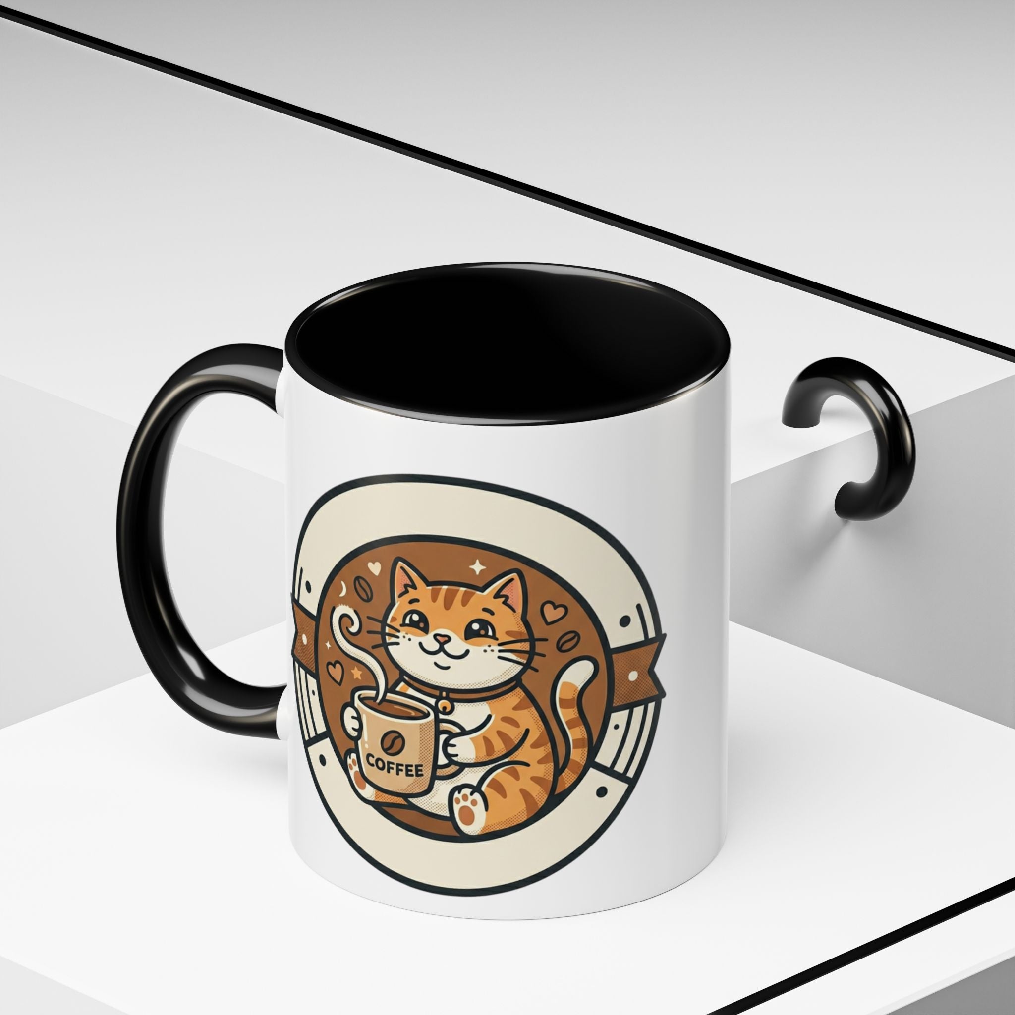 Cat Coffee Mug — Cute Orange Kitty Holding ‘Coffee’ Accent Ceramic Mug (11/15 oz)