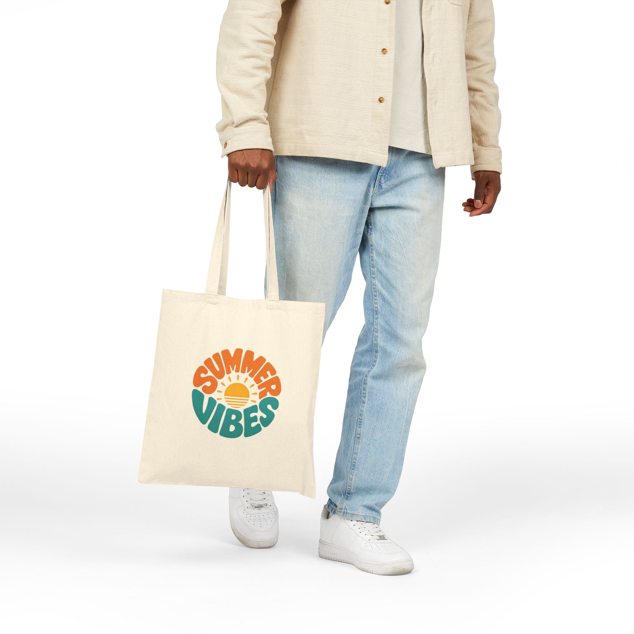 Summer Vibes Tote Bag – Retro Sun Graphic Cotton Canvas Tote