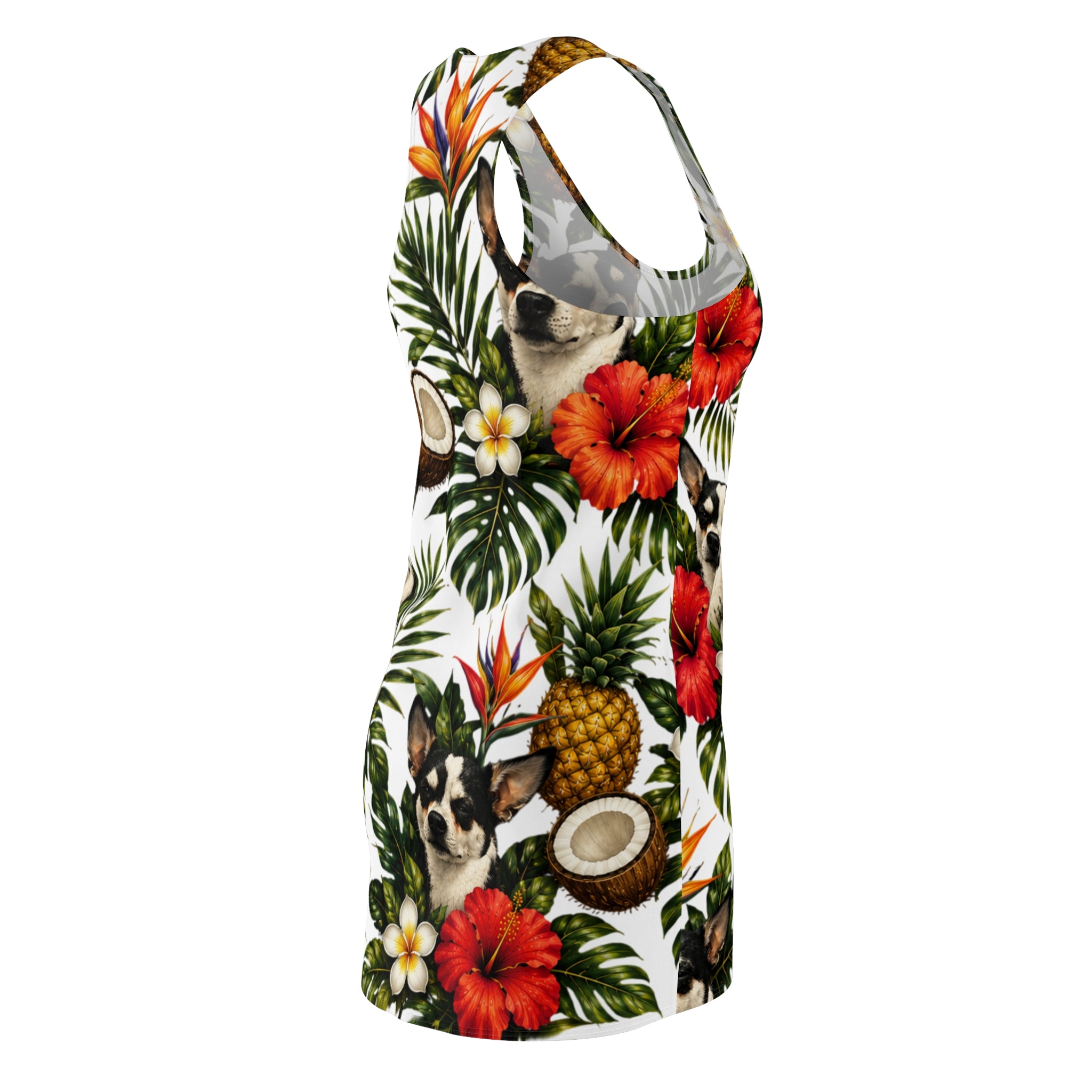 Tropical Chihuahua Racerback Dress — Hawaiian Floral Pineapple & Coconut Print