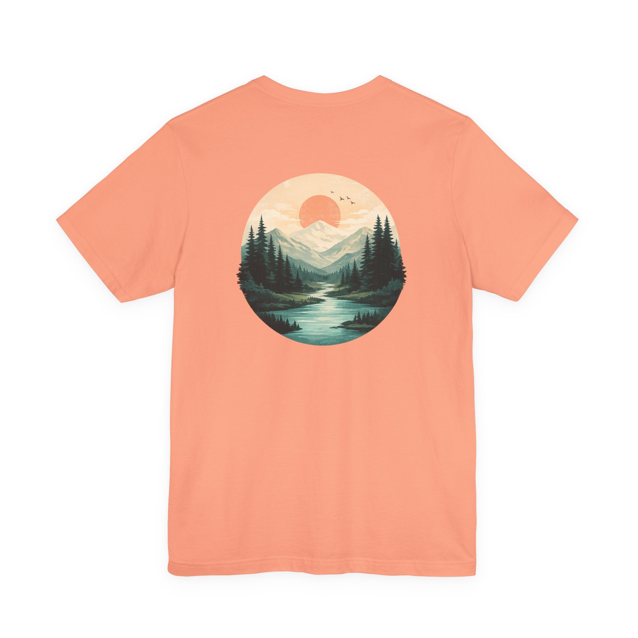 Nature Sunset Mountain Back Design T-Shirt — Scenic River & Pine Forest Graphic Tee