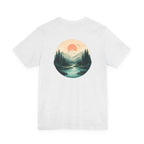 Nature Sunset Mountain Back Design T-Shirt — Scenic River & Pine Forest Graphic Tee