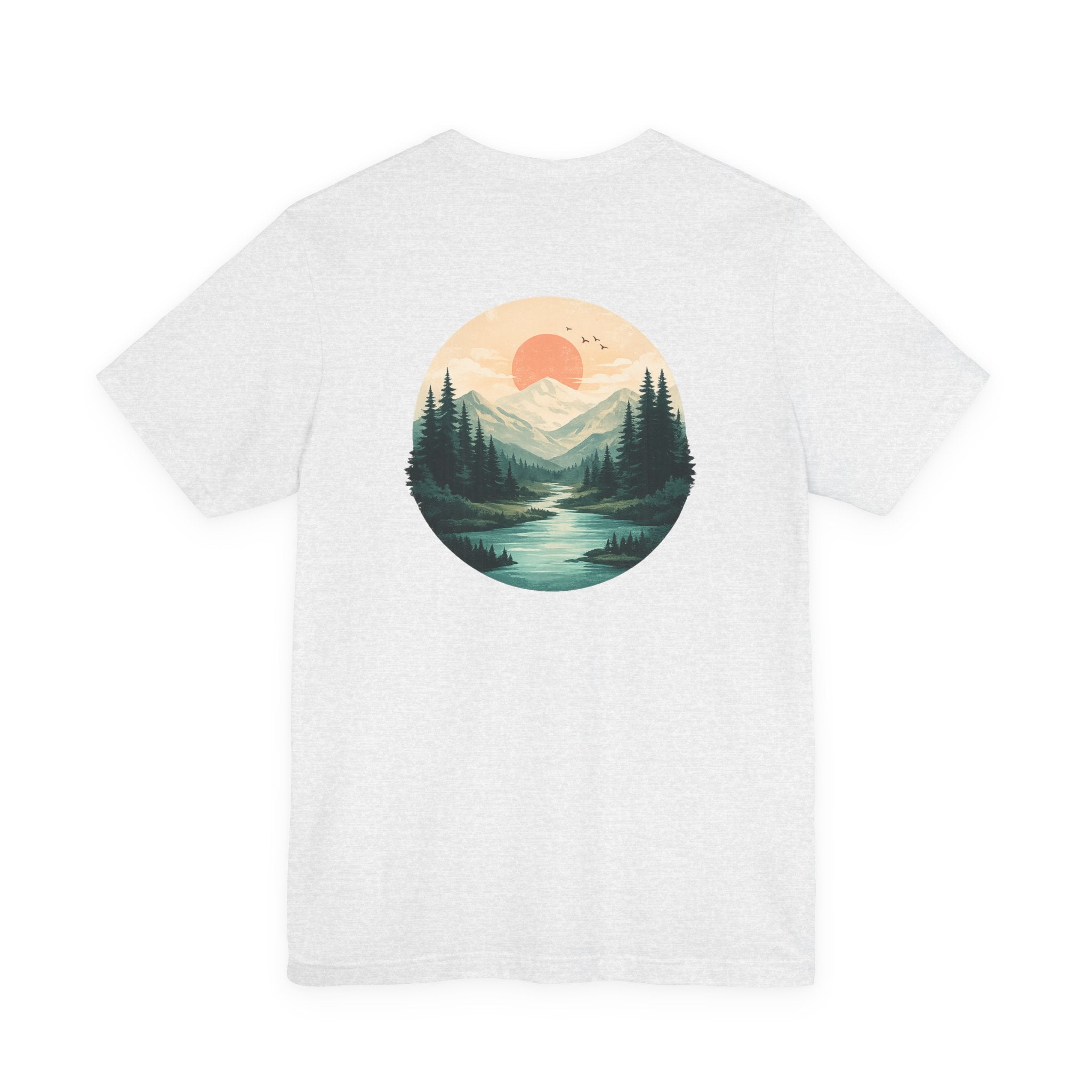 Nature Sunset Mountain Back Design T-Shirt — Scenic River & Pine Forest Graphic Tee