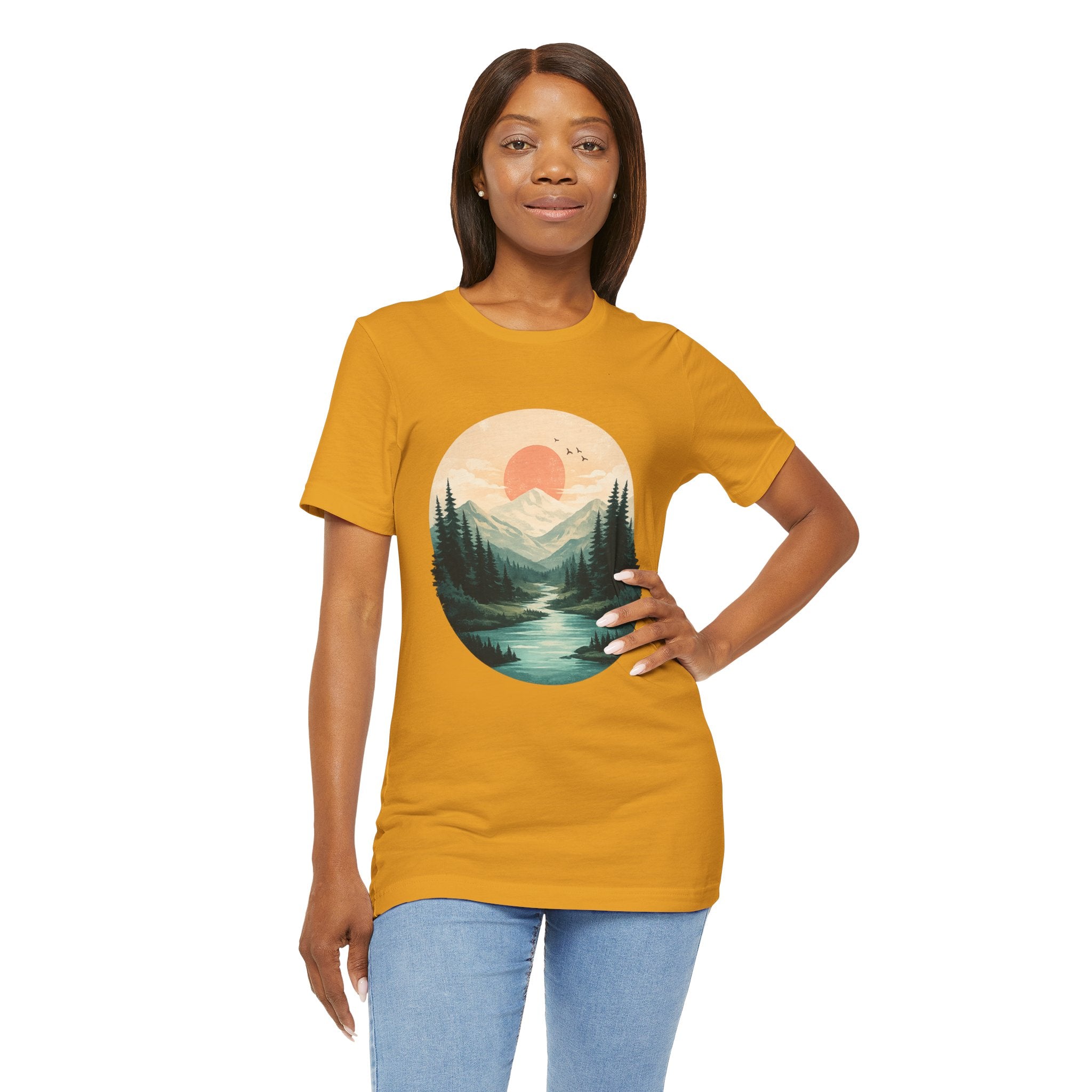 Sunset Mountain Landscape T-Shirt — Scenic Forest River Graphic Tee