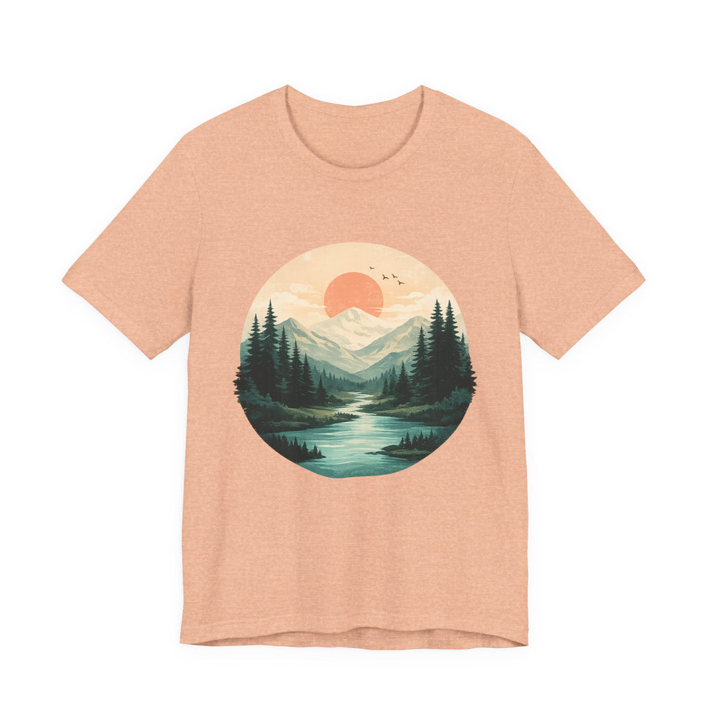 Sunset Mountain Landscape T-Shirt — Scenic Forest River Graphic Tee