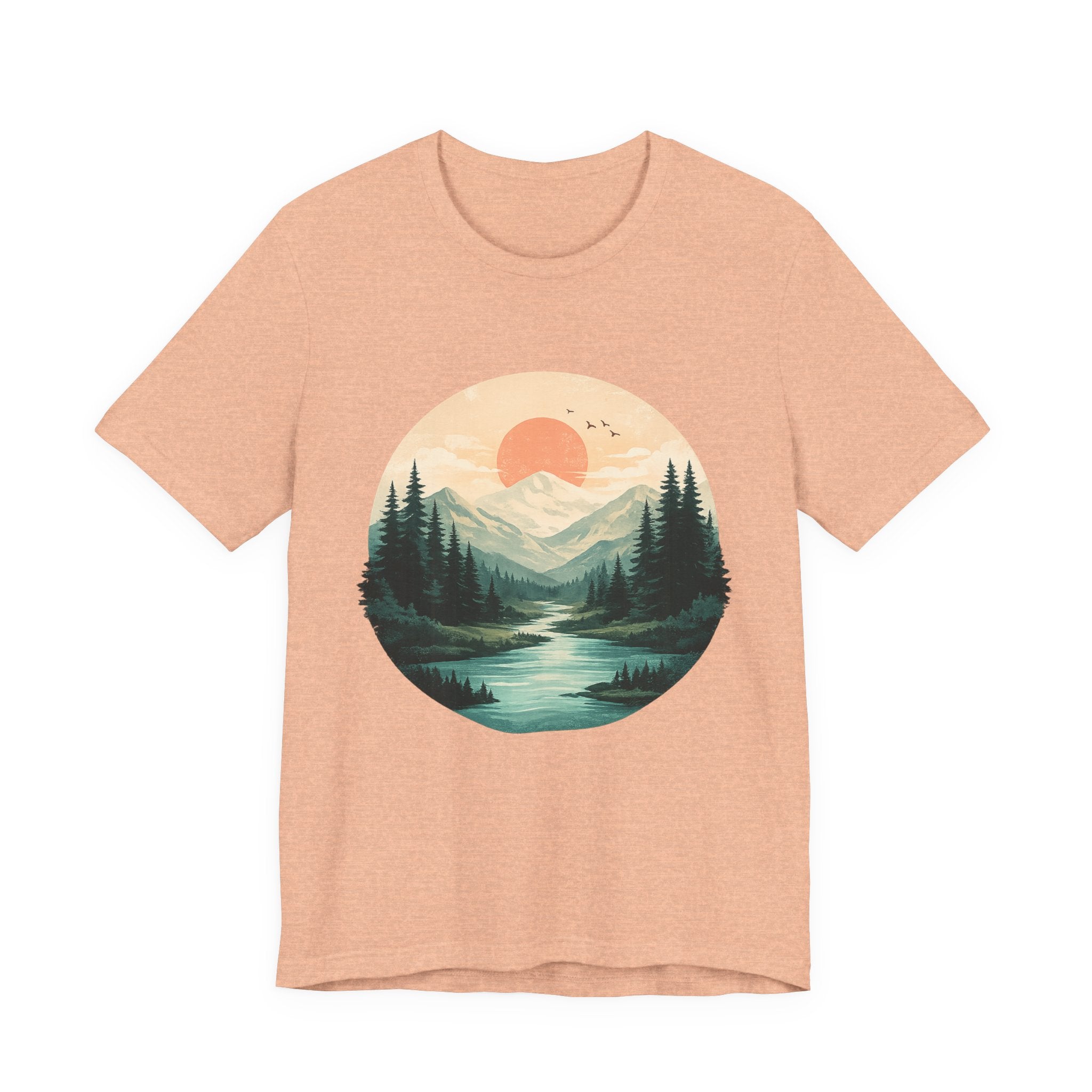 Sunset Mountain Landscape T-Shirt — Scenic Forest River Graphic Tee