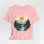 Sunset Mountain Landscape T-Shirt — Scenic Forest River Graphic Tee