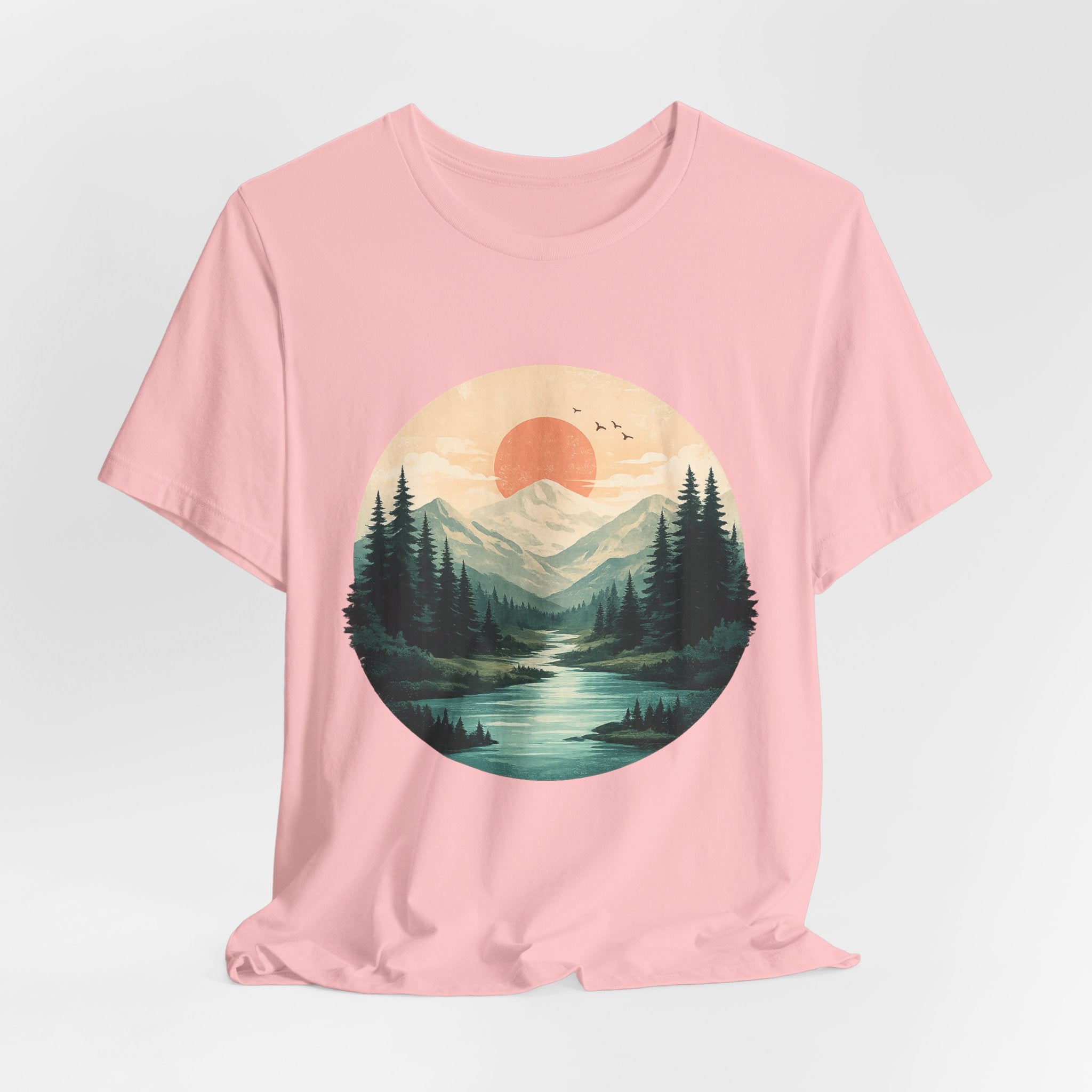 Sunset Mountain Landscape T-Shirt — Scenic Forest River Graphic Tee