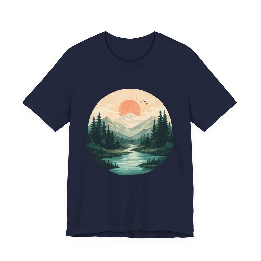 Sunset Mountain Landscape T-Shirt — Scenic Forest River Graphic Tee