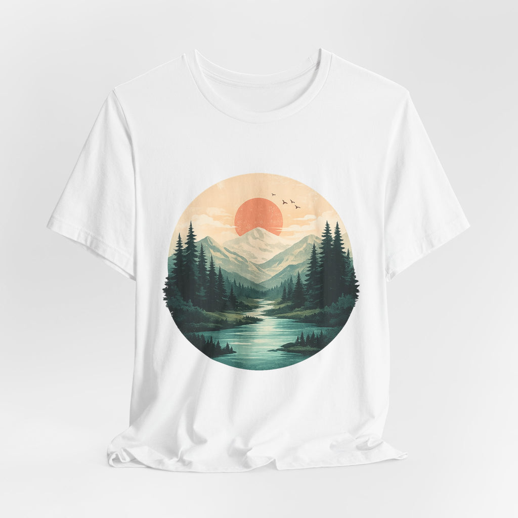 Sunset Mountain Landscape T-Shirt — Scenic Forest River Graphic Tee