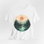 Sunset Mountain Landscape T-Shirt — Scenic Forest River Graphic Tee