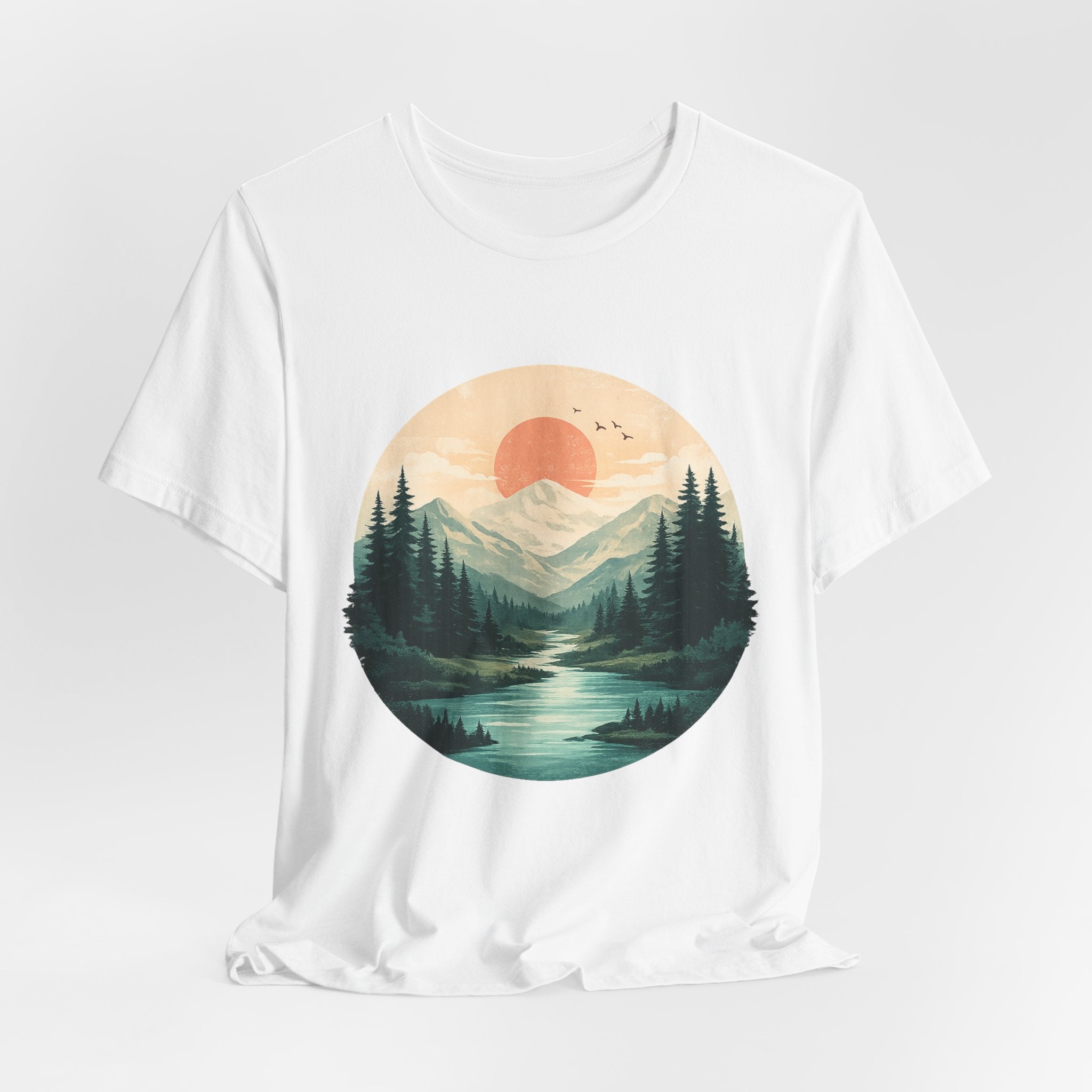 Sunset Mountain Landscape T-Shirt — Scenic Forest River Graphic Tee