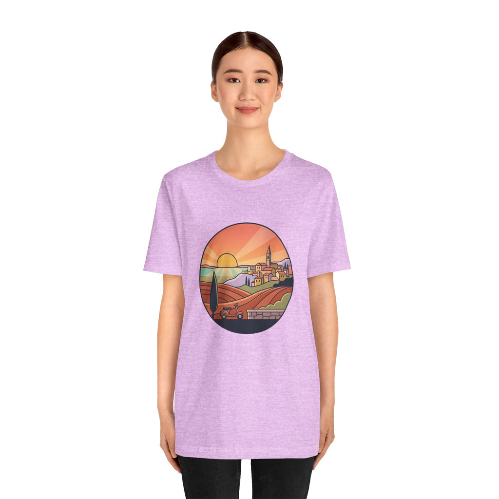 Sunset Tuscan Landscape T-Shirt — Vintage Italian Countryside Graphic Tee