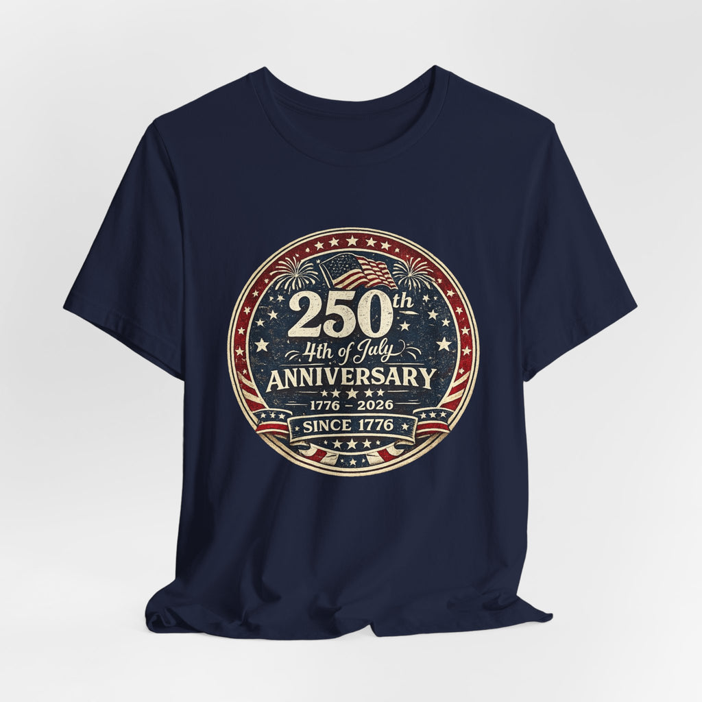 4th of July 250th Anniversary T-Shirt – Vintage American Flag Emblem (1776–2026)