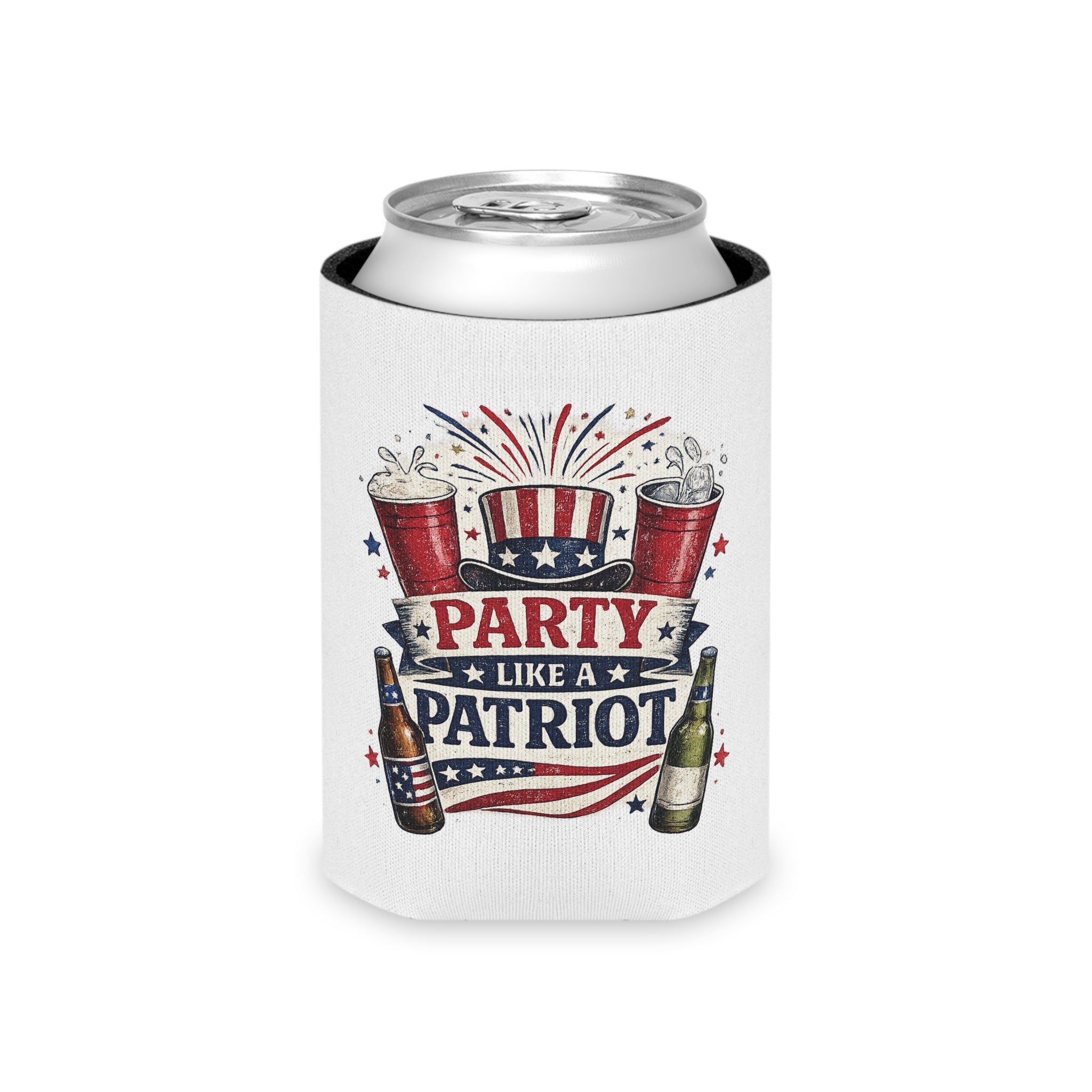 Party Like a Patriot Can Cooler — 4th of July Patriotic Beer Koozie
