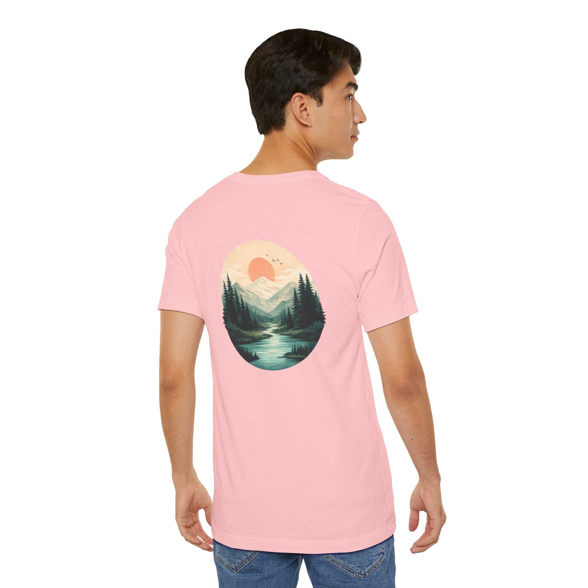 Nature Sunset Mountain Back Design T-Shirt — Scenic River & Pine Forest Graphic Tee