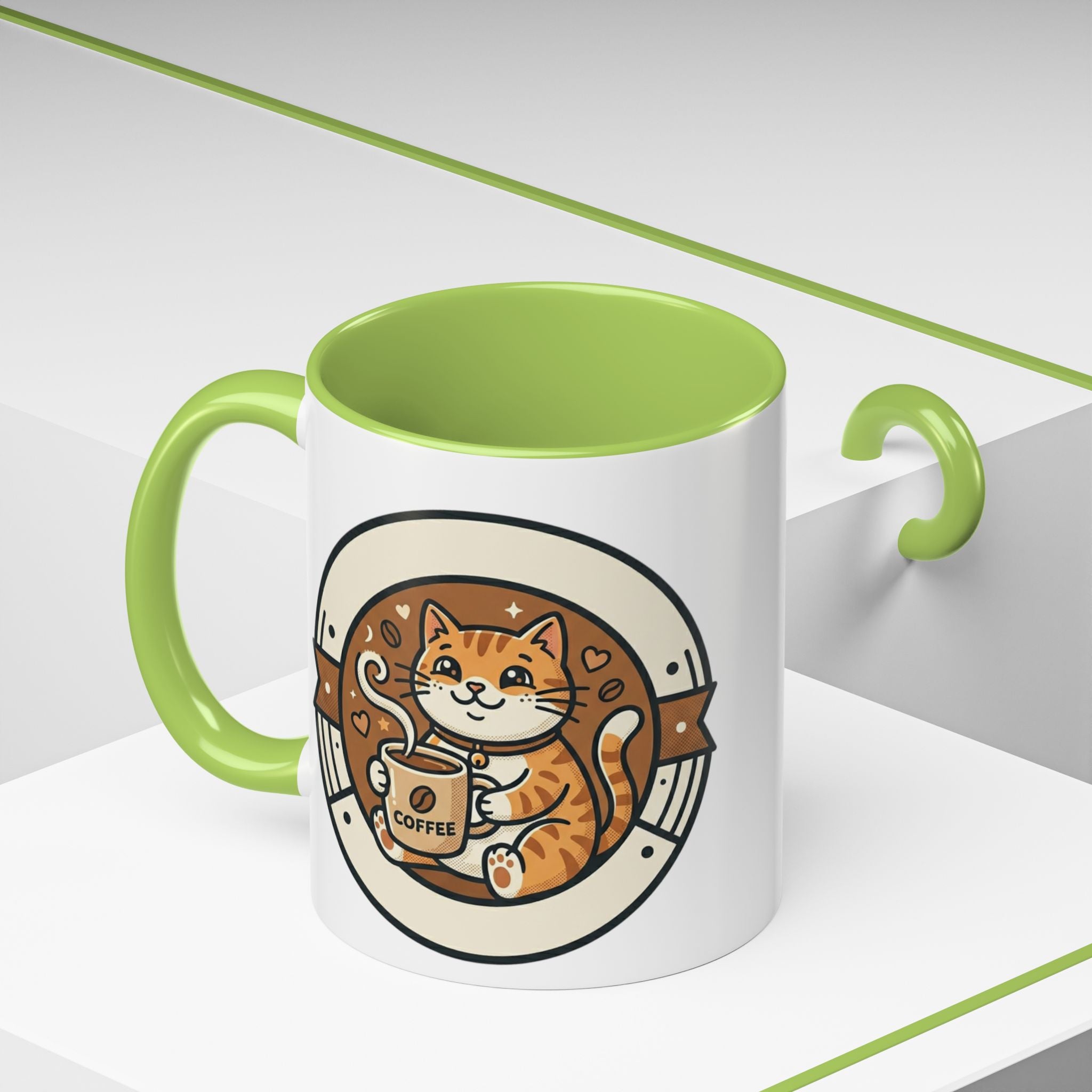 Cat Coffee Mug — Cute Orange Kitty Holding ‘Coffee’ Accent Ceramic Mug (11/15 oz)