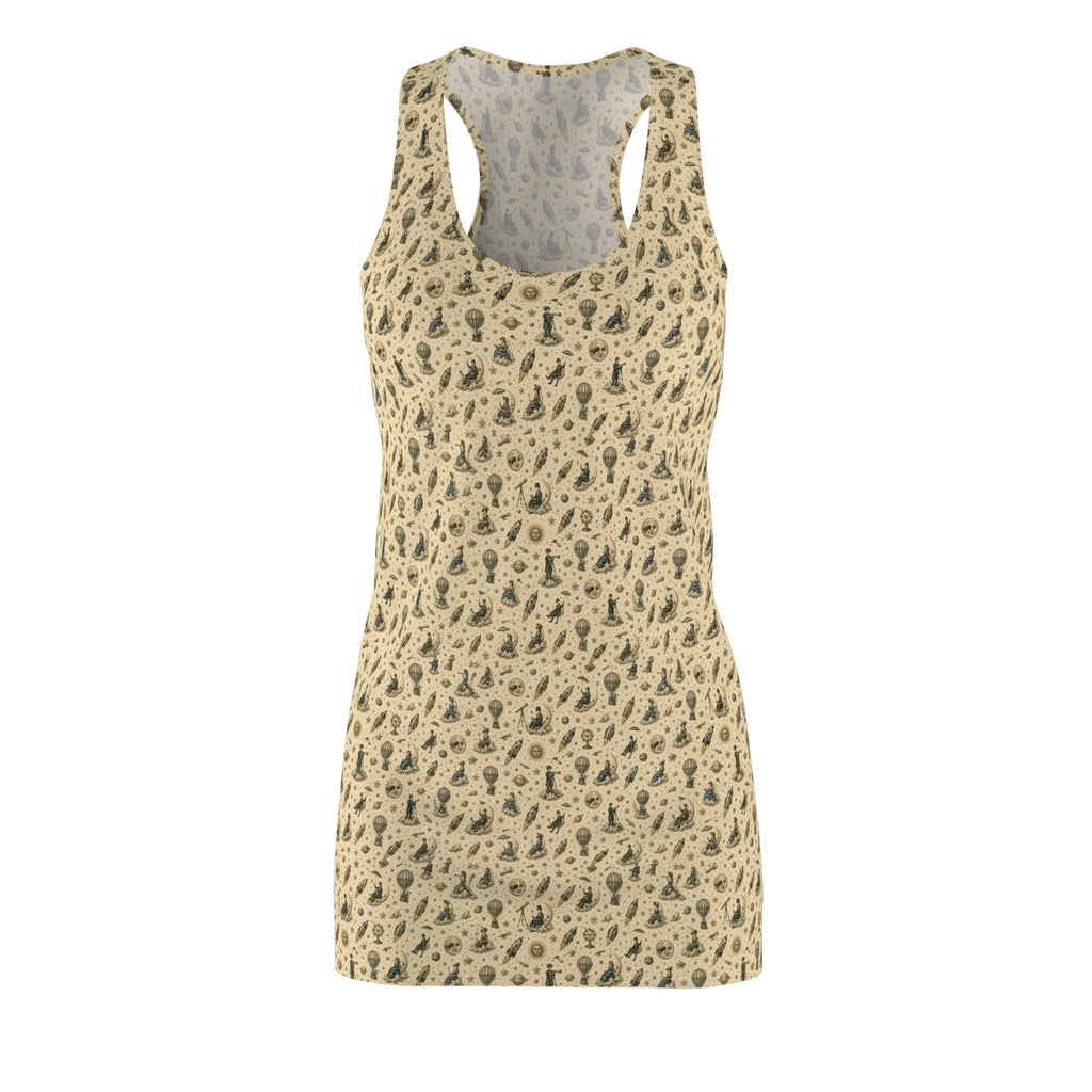 Charles Mèliés vibe pattern Racerback Dress — Beige All-Over-Print Casual Sundress