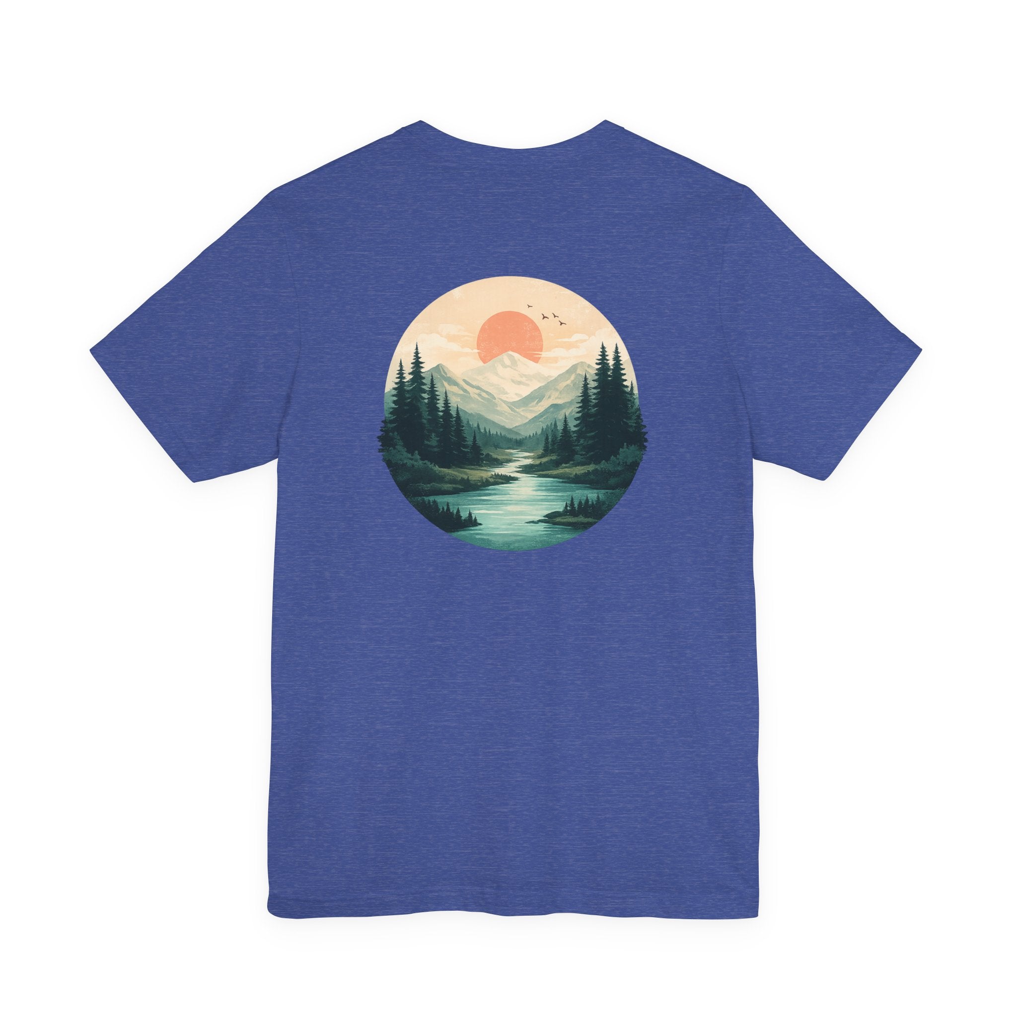 Nature Sunset Mountain Back Design T-Shirt — Scenic River & Pine Forest Graphic Tee