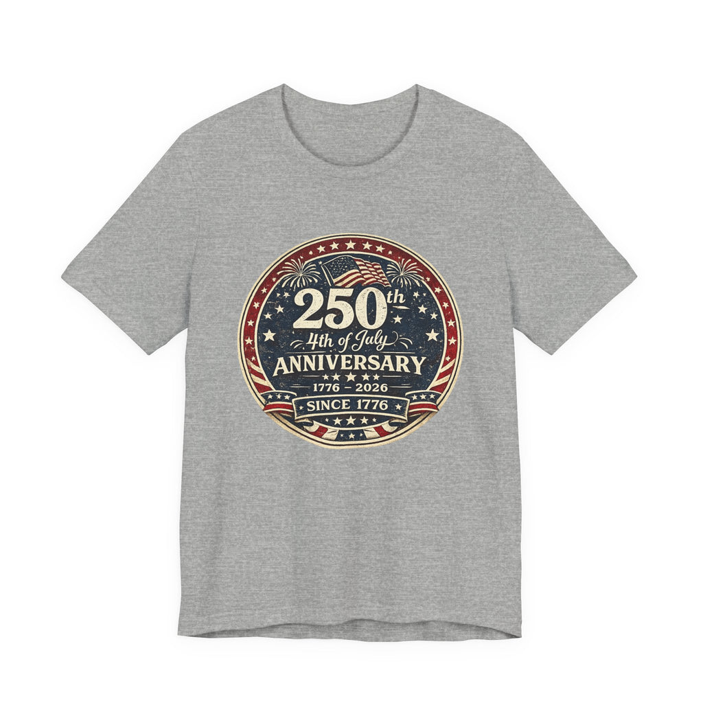 4th of July 250th Anniversary T-Shirt – Vintage American Flag Emblem (1776–2026)