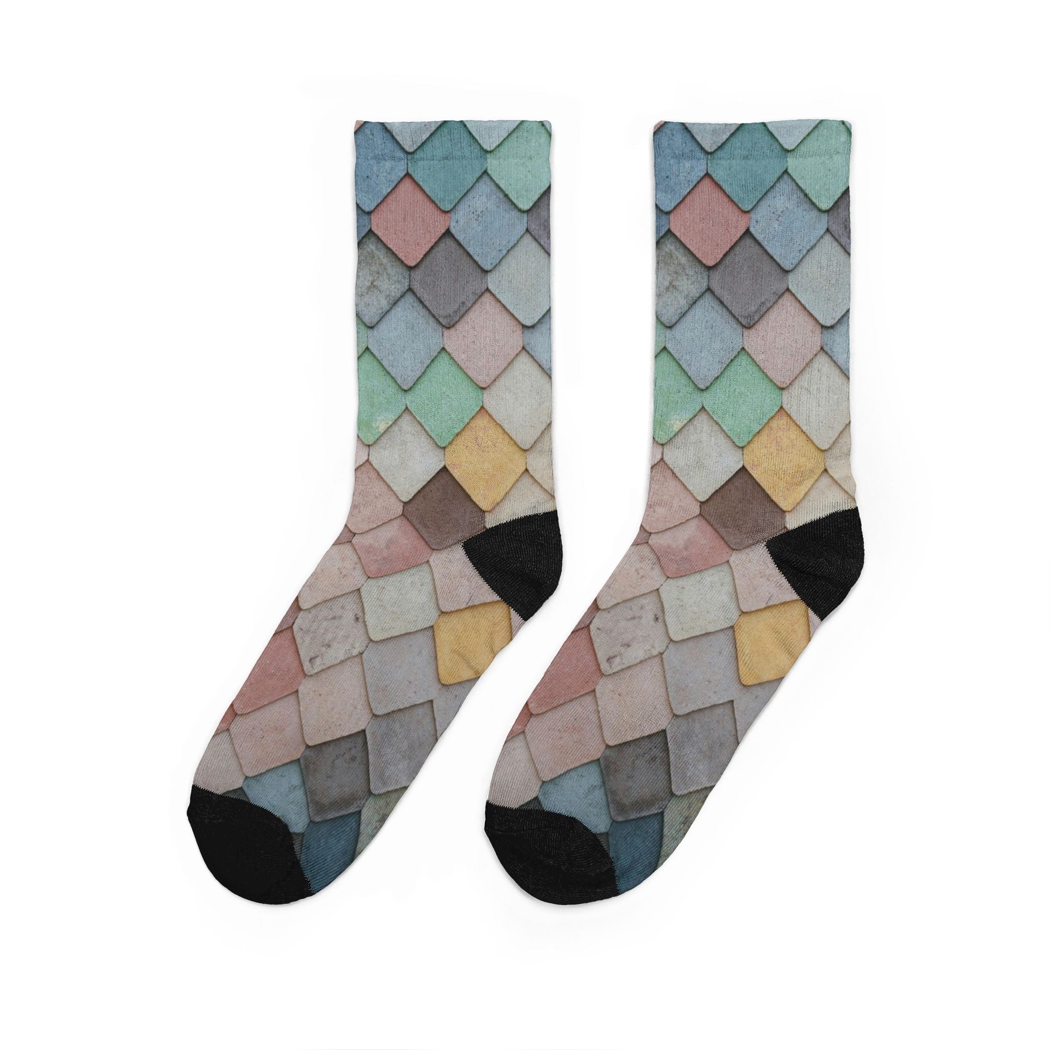 Pastel Scales Pattern Socks — Colorful Mermaid Tile Crew Socks