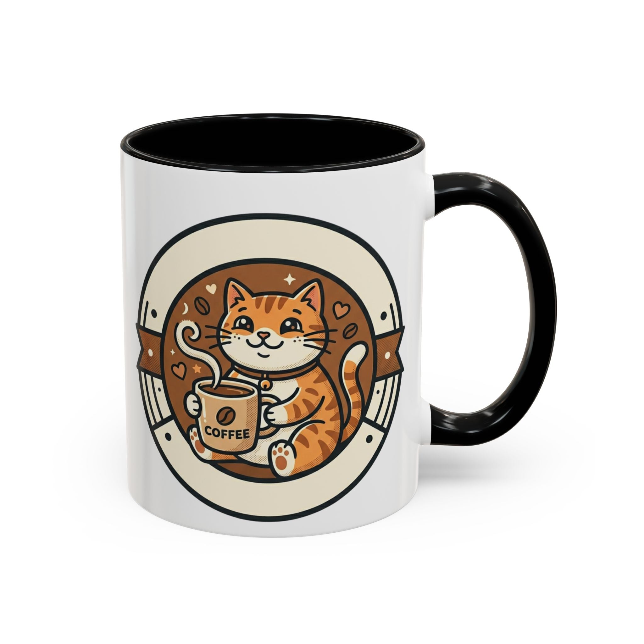 Cat Coffee Mug — Cute Orange Kitty Holding ‘Coffee’ Accent Ceramic Mug (11/15 oz)