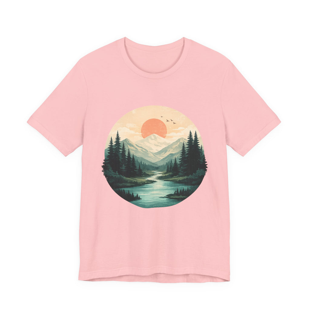 Sunset Mountain Landscape T-Shirt — Scenic Forest River Graphic Tee