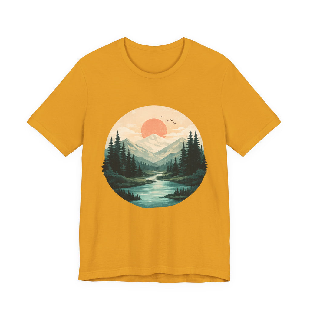 Sunset Mountain Landscape T-Shirt — Scenic Forest River Graphic Tee