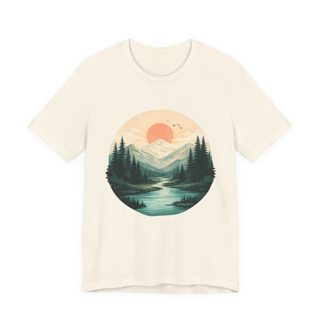 Sunset Mountain Landscape T-Shirt — Scenic Forest River Graphic Tee