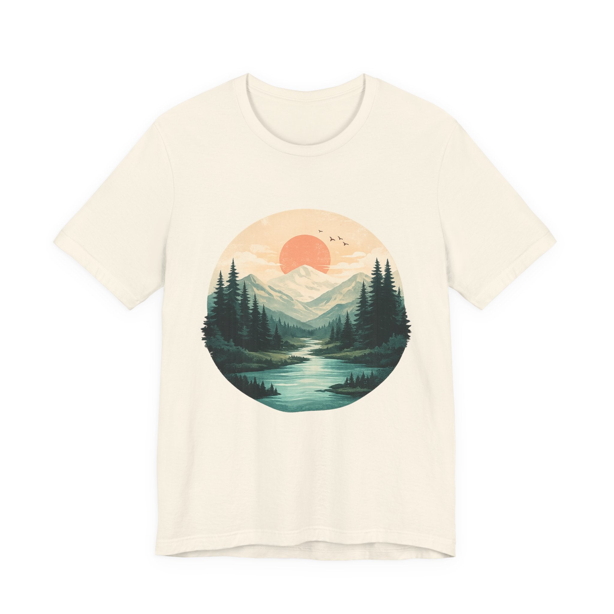 Sunset Mountain Landscape T-Shirt — Scenic Forest River Graphic Tee