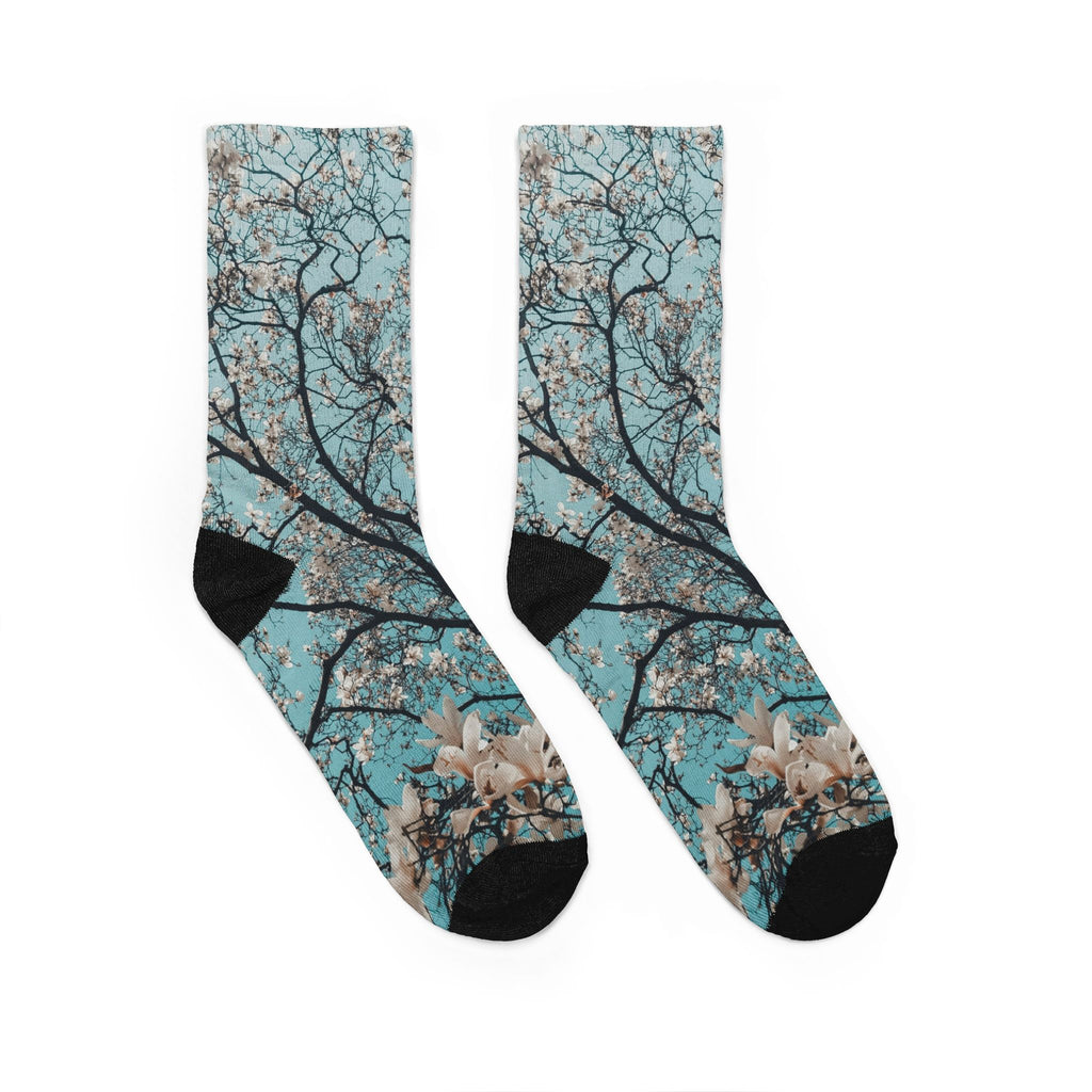 Floral Magnolia Crew Socks — Blue Blossom Patterned Comfort Socks