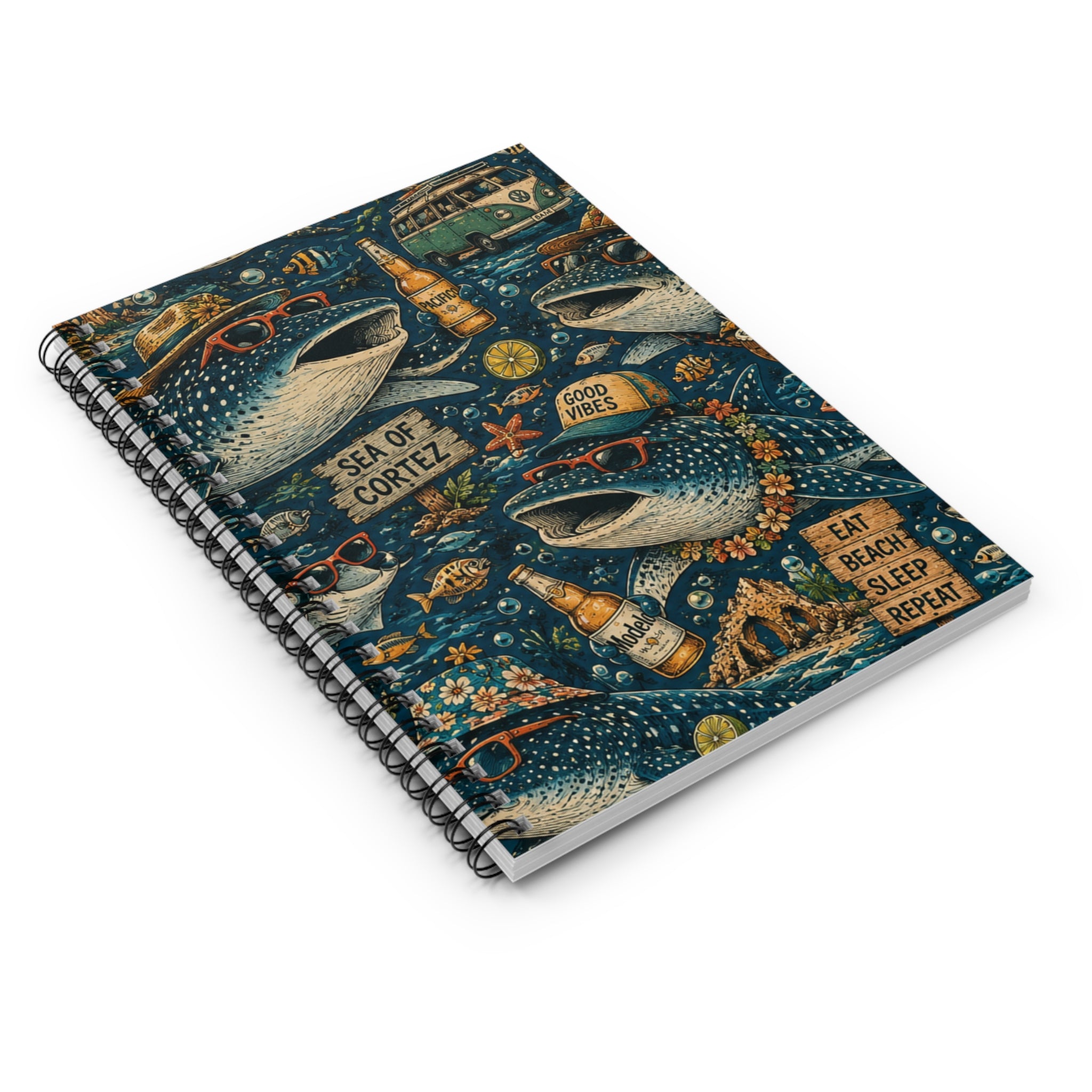 Whale Shark Beach Notebook — 'Eat Beach Sleep Repeat' Spiral Journal
