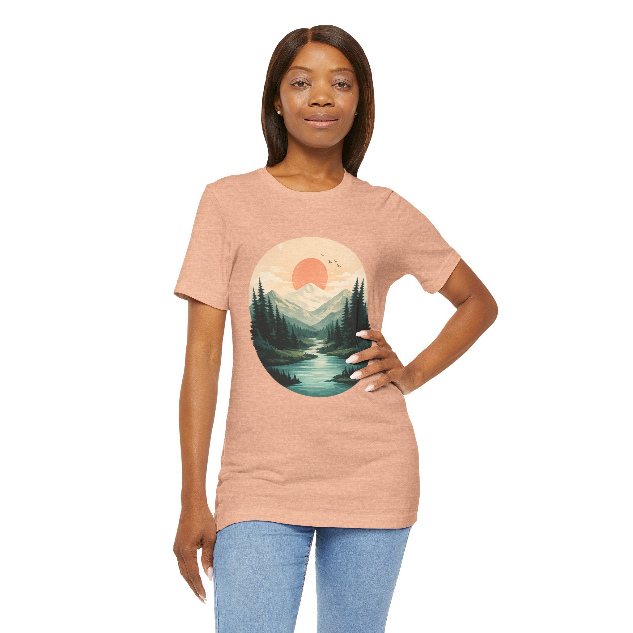 Sunset Mountain Landscape T-Shirt — Scenic Forest River Graphic Tee