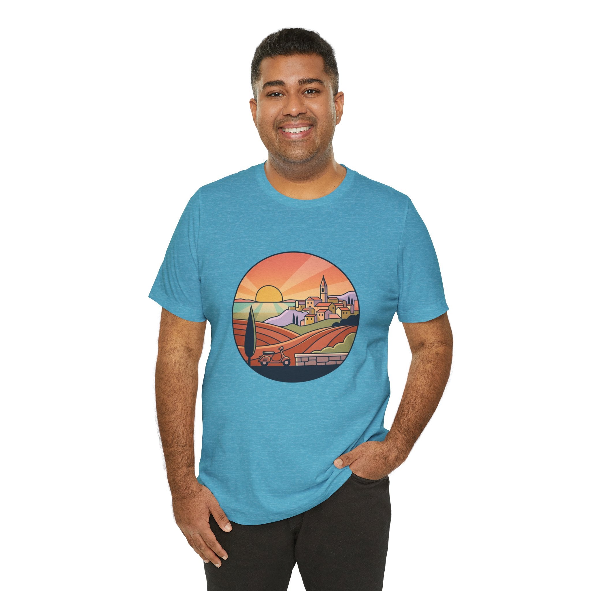 Sunset Tuscan Landscape T-Shirt — Vintage Italian Countryside Graphic Tee