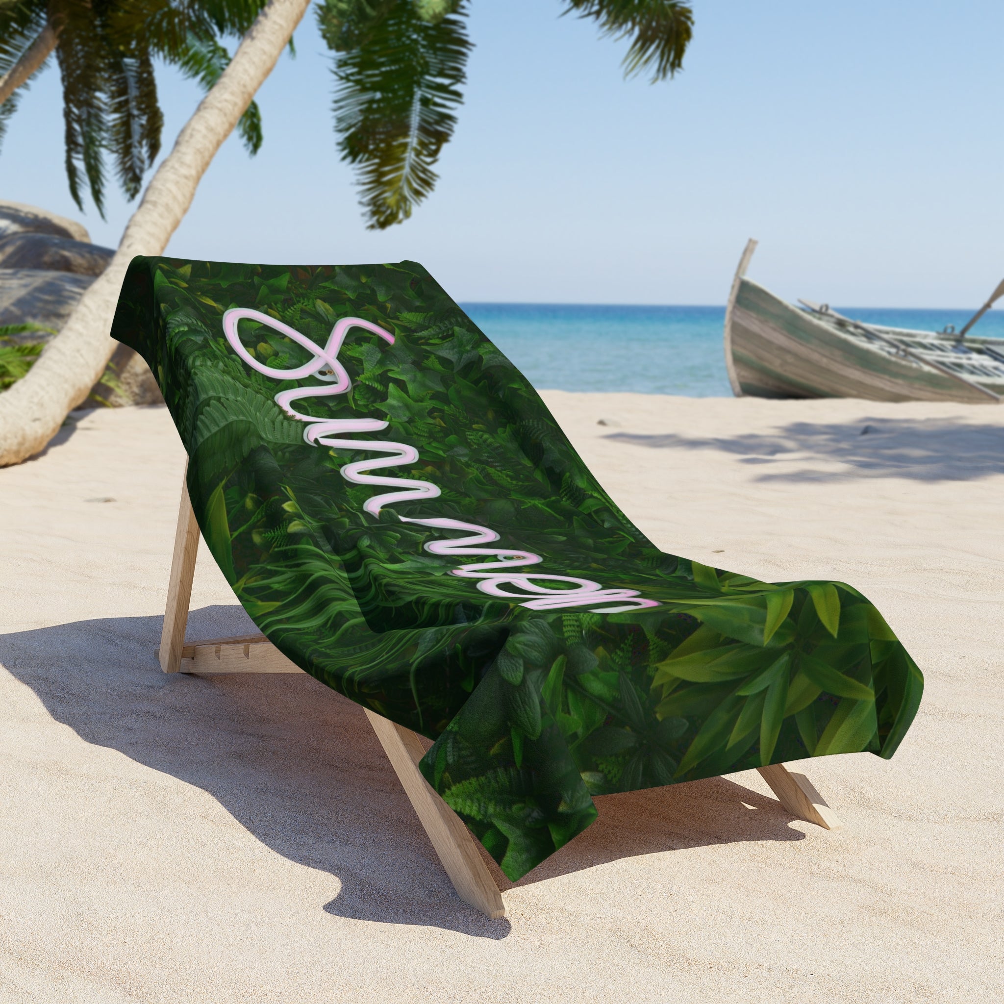 Summer Neon Script Beach Towel — Tropical Green Leaf Pool & Beach Towel