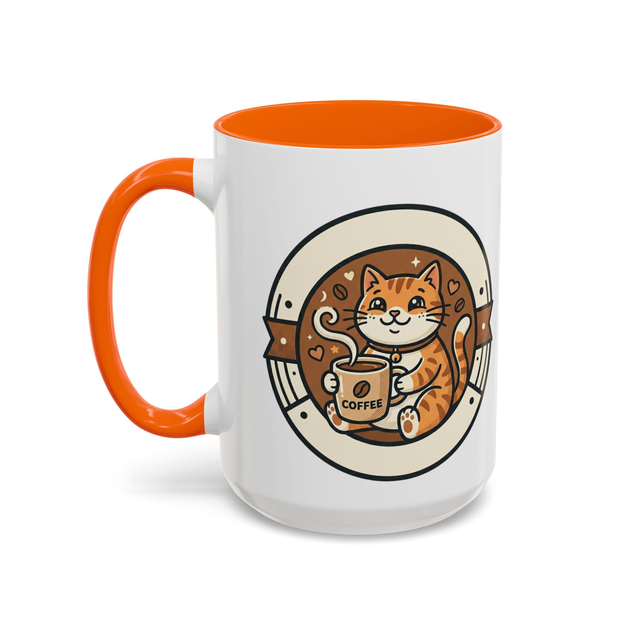 Cat Coffee Mug — Cute Orange Kitty Holding ‘Coffee’ Accent Ceramic Mug (11/15 oz)