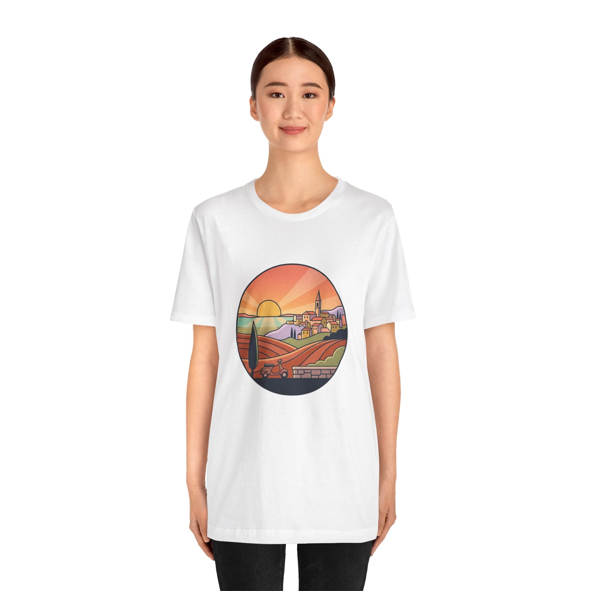 Sunset Tuscan Landscape T-Shirt — Vintage Italian Countryside Graphic Tee
