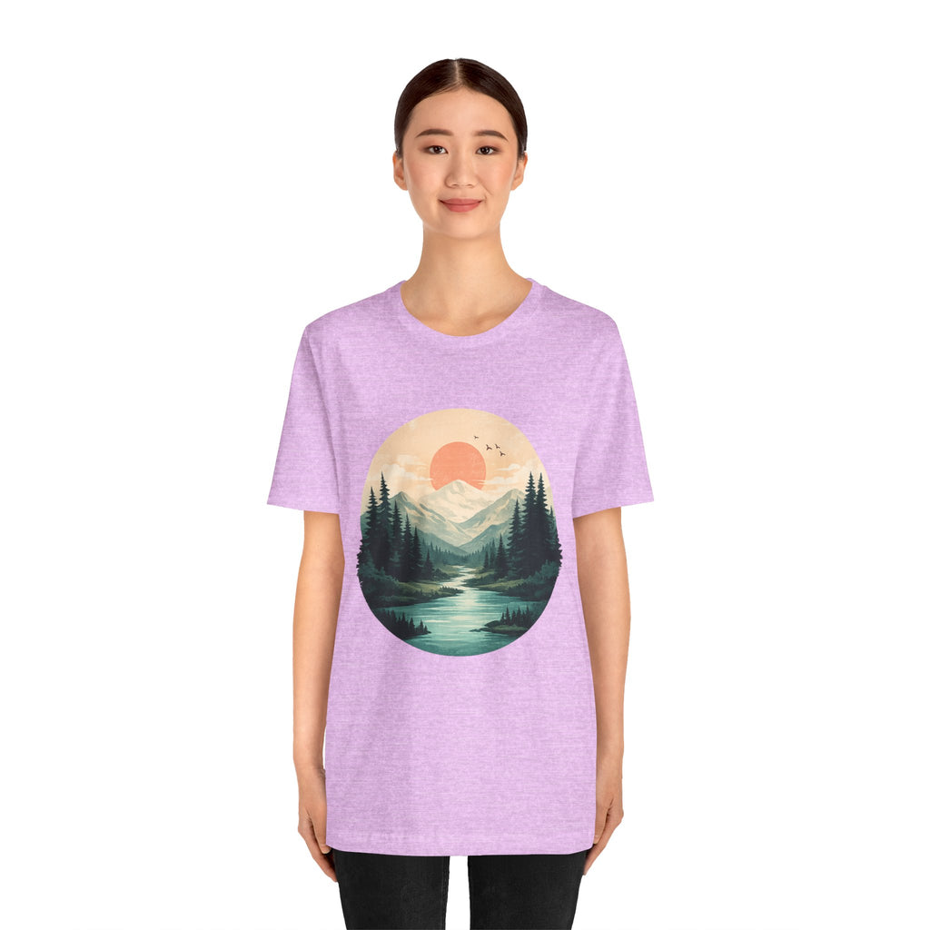 Sunset Mountain Landscape T-Shirt — Scenic Forest River Graphic Tee