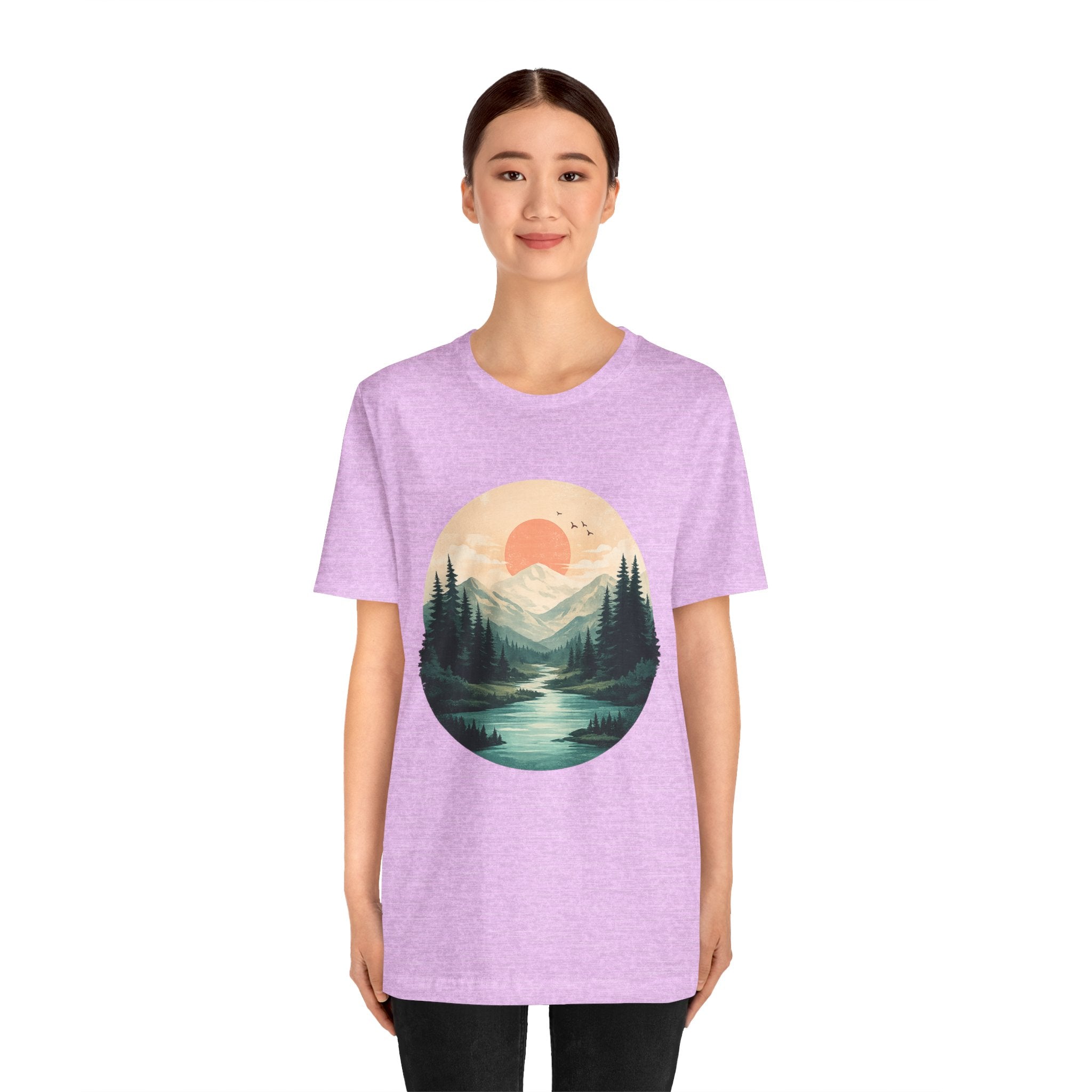 Sunset Mountain Landscape T-Shirt — Scenic Forest River Graphic Tee
