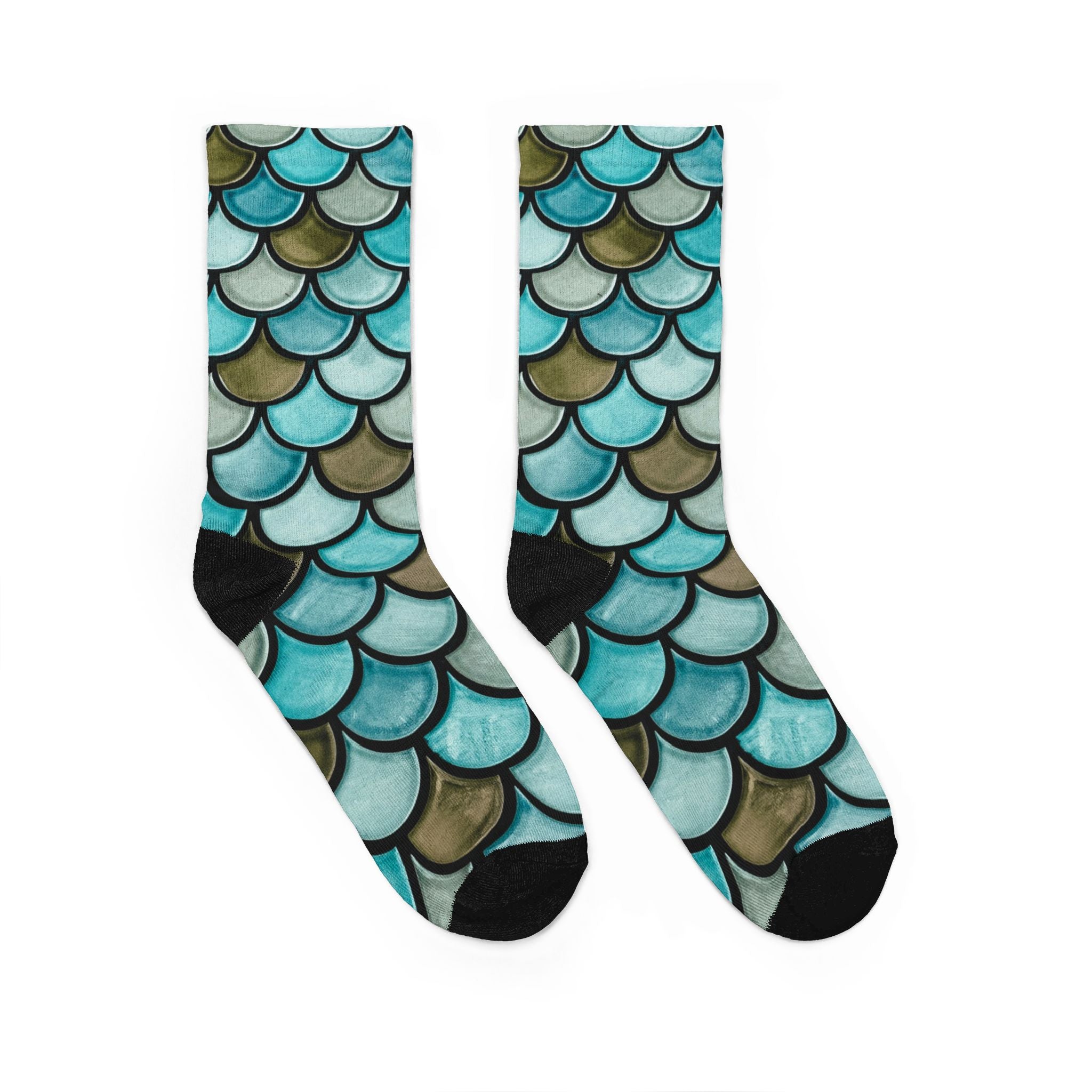 Mermaid Scale Crew Socks – Teal Aqua Watercolor Pattern Padded Socks