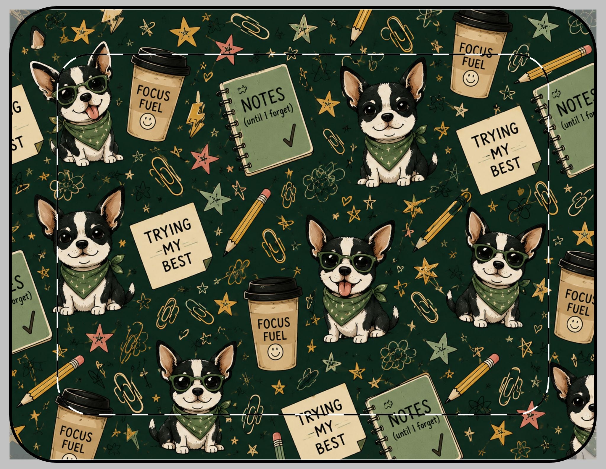 Laptop Sleeve — Cute Chihuahua Pattern with 'Trying My Best' Notes & Coffee