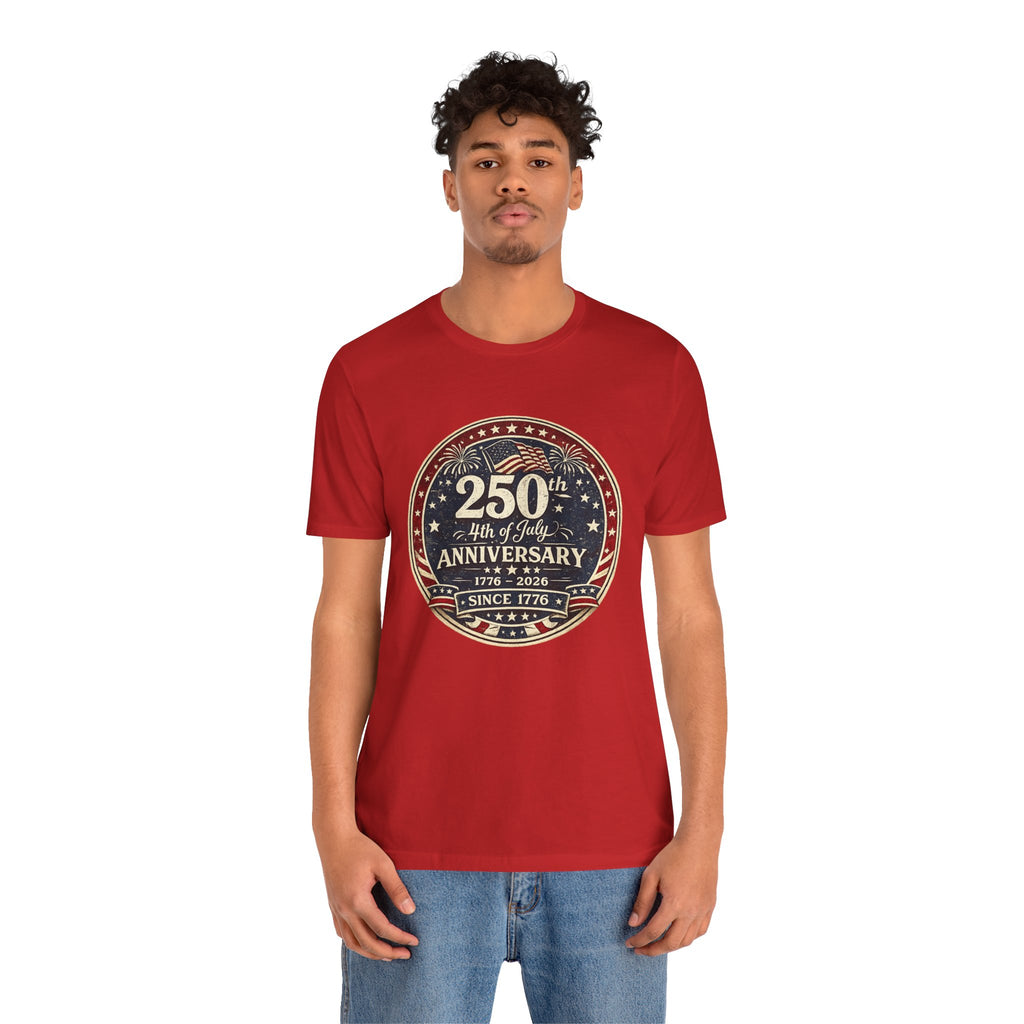 4th of July 250th Anniversary T-Shirt – Vintage American Flag Emblem (1776–2026)